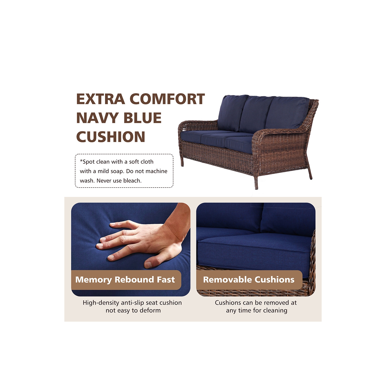 Krikacy 4PCS HDPE Wicker Coversation Sofa Set with Coffee Table(Blue Cushions)