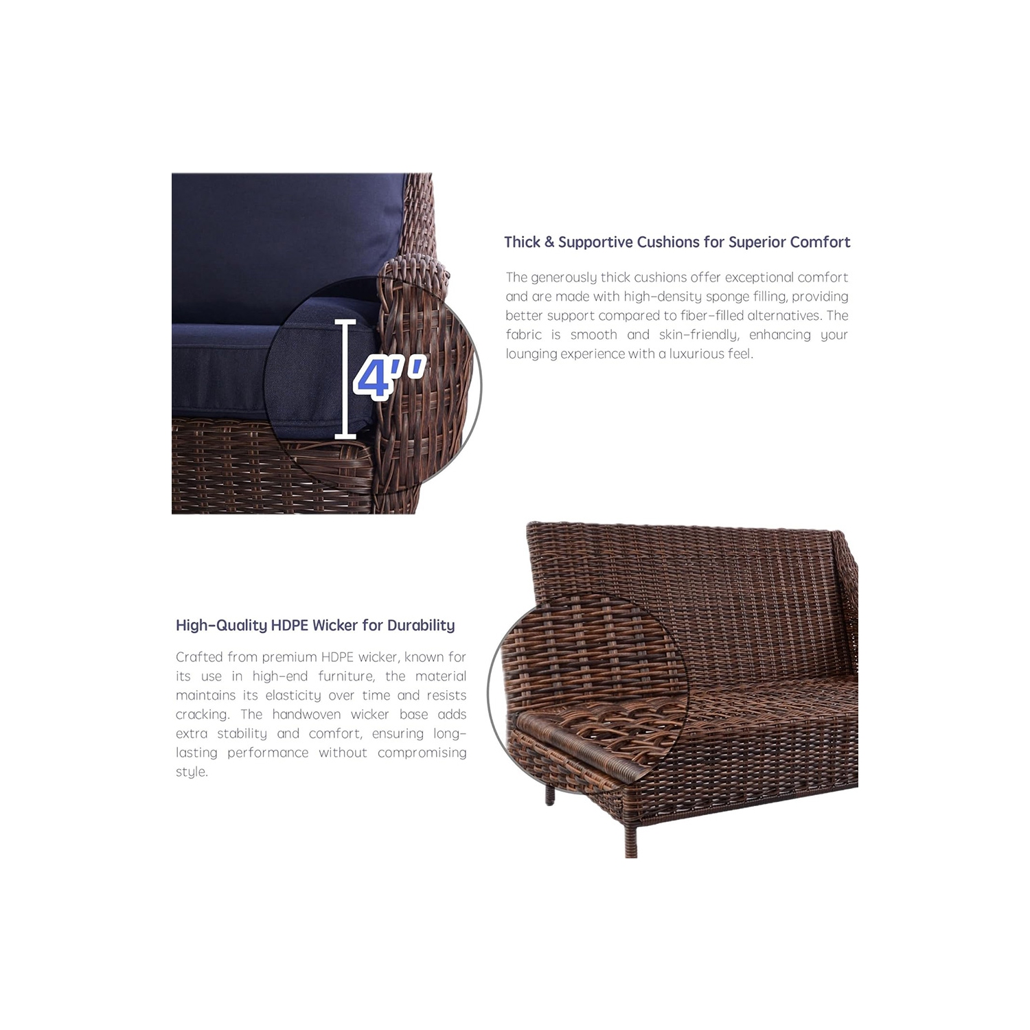 Krikacy 4PCS HDPE Wicker Coversation Sofa Set with Coffee Table(Blue Cushions)