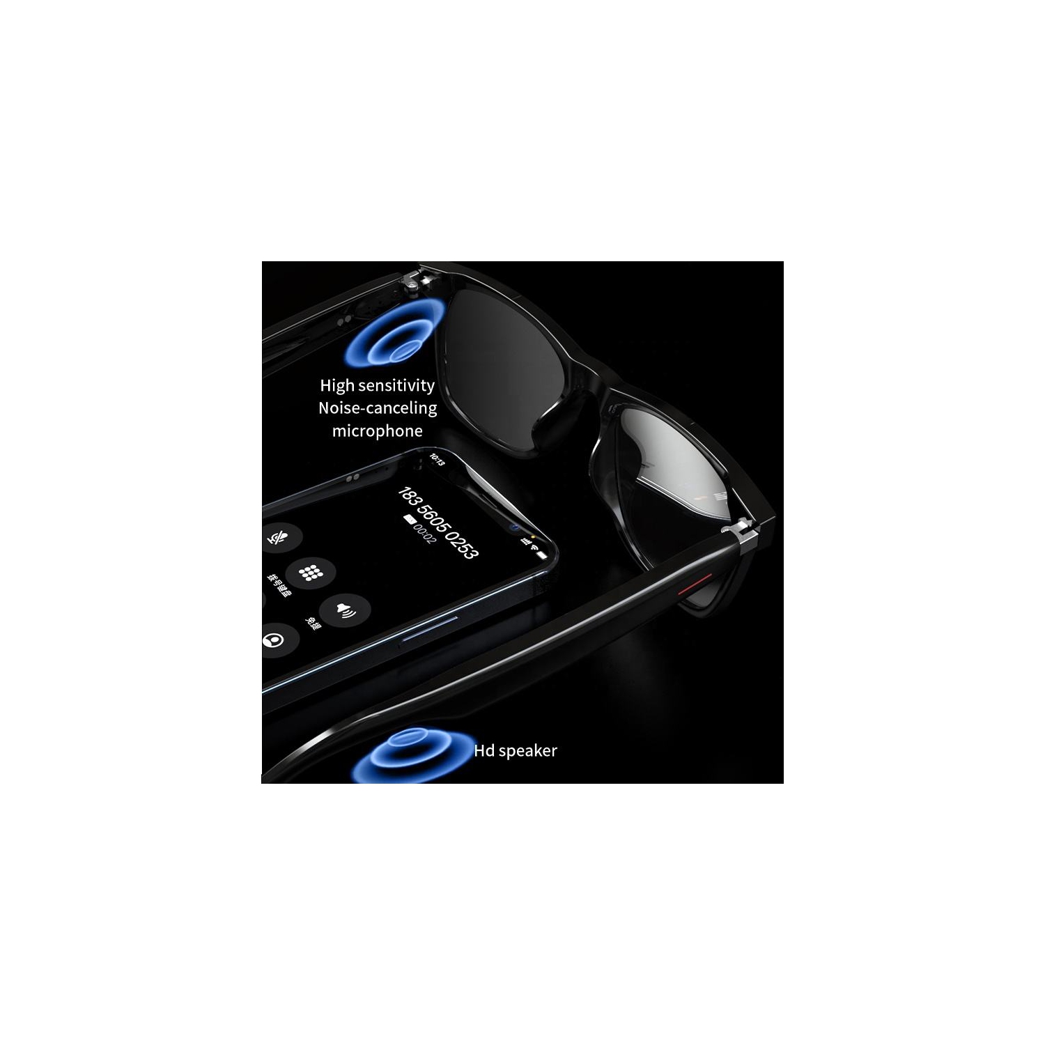 Casque d'écoute Bluetooth sans fil Lunettes de soleil Appel vocal Écouteurs Smart Lunettes - Noir