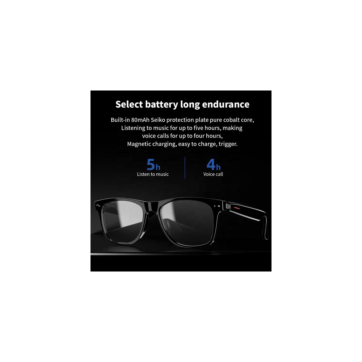 Casque d'écoute Bluetooth sans fil Lunettes de soleil Appel vocal Écouteurs Smart Lunettes - Noir