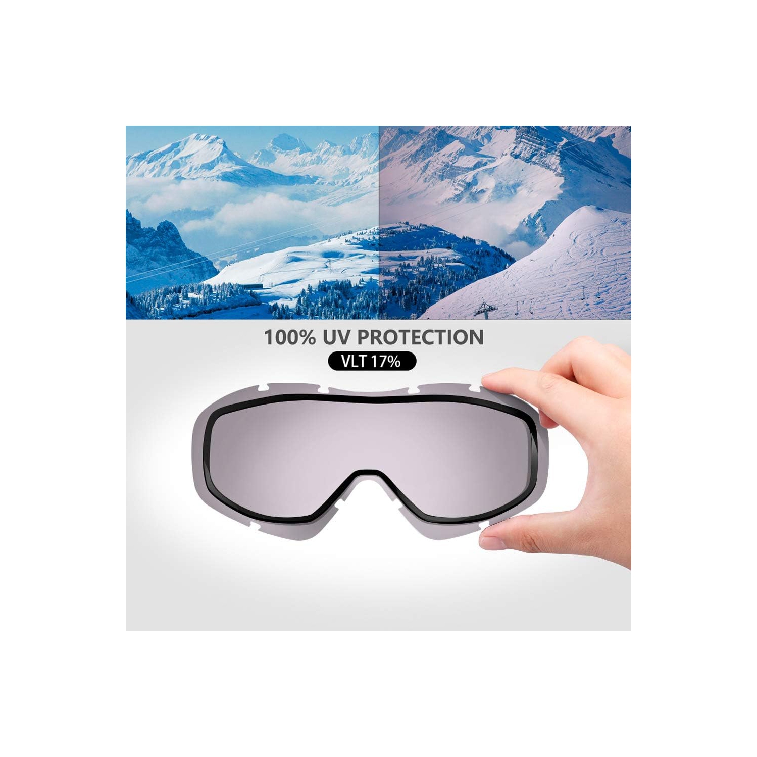 Lunettes de ski OTG – Lunettes de ski/planche à neige anti-buée pour femmes, hommes et jeunes – 100 % protection UV