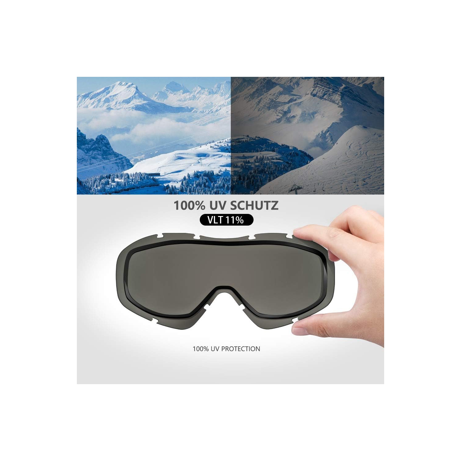 Lunettes de ski OTG – Lunettes de ski/planche à neige anti-buée pour femmes, hommes et jeunes – 100 % protection UV