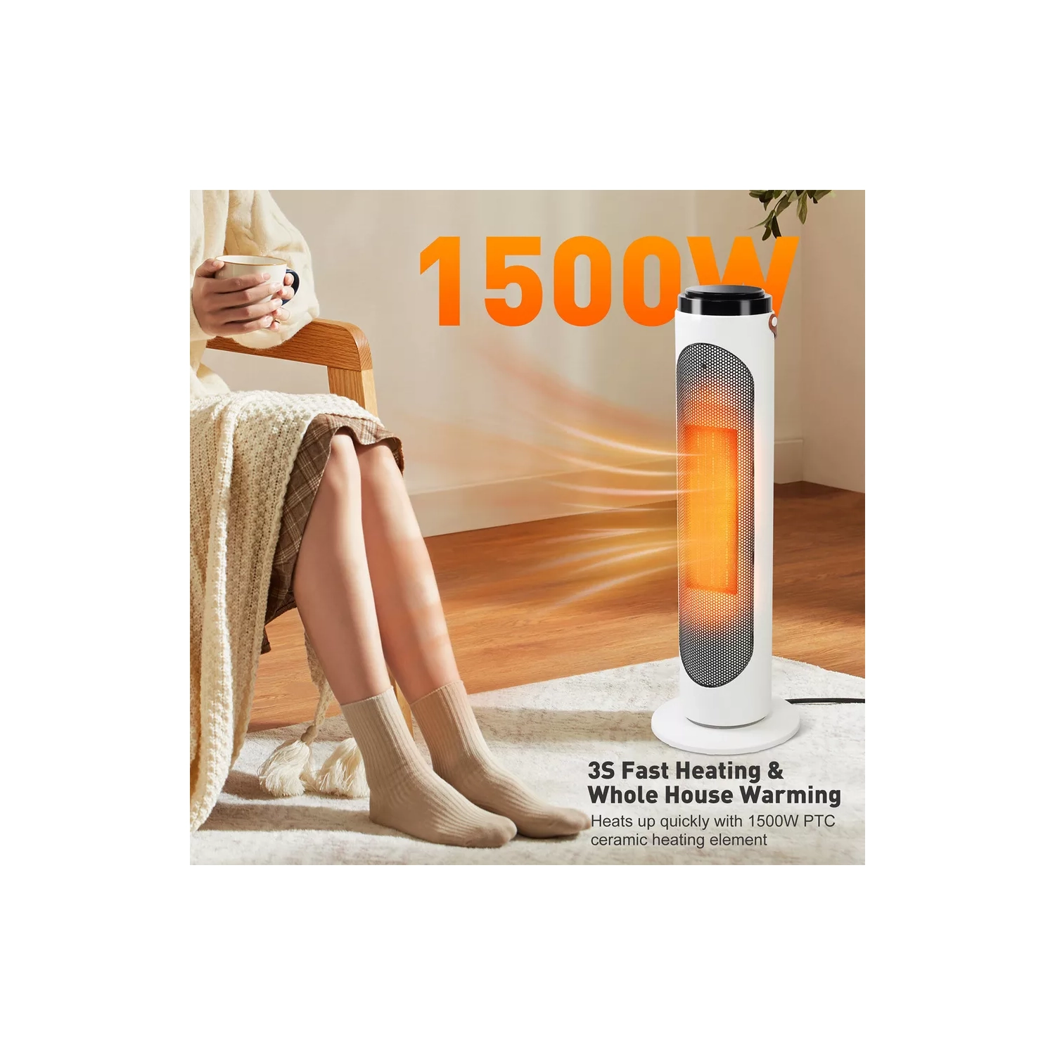 E-Macht 1500W Portable Space Heater Oscillating Ceramic w/ Remote 24h Timer Safe