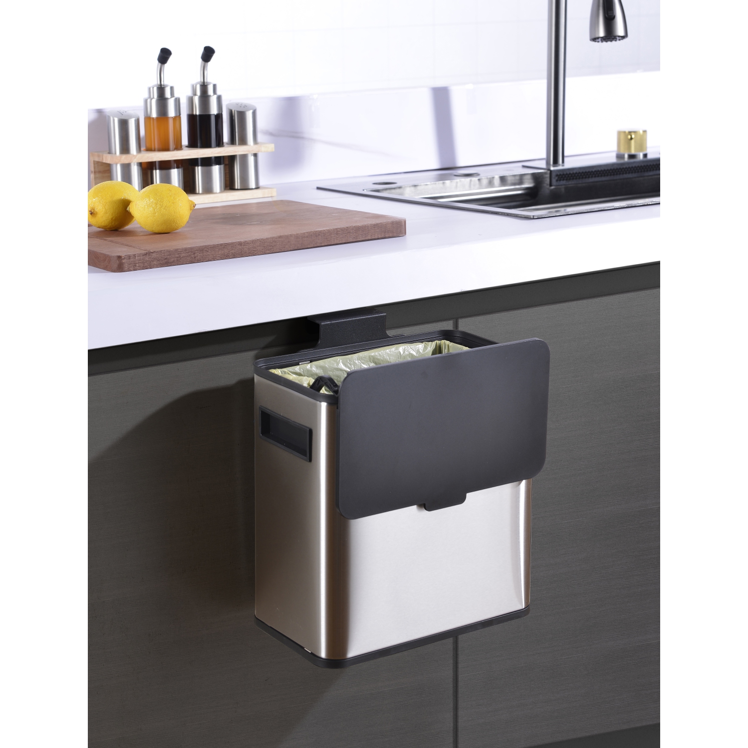 6L Slim Hanging Stainless steel kitchen waste trash can for cabinet door or wall-mounting in satin finish and fingerprint-proof. Always clean.
