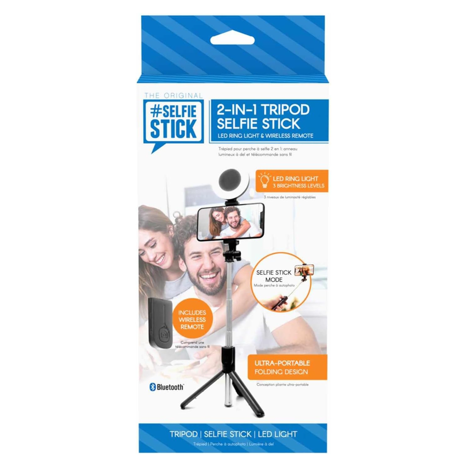 Perche à égoportrait à trépied 2-en-1 de Retrak avec anneau lumineux noir de LED - Boîte ouverte