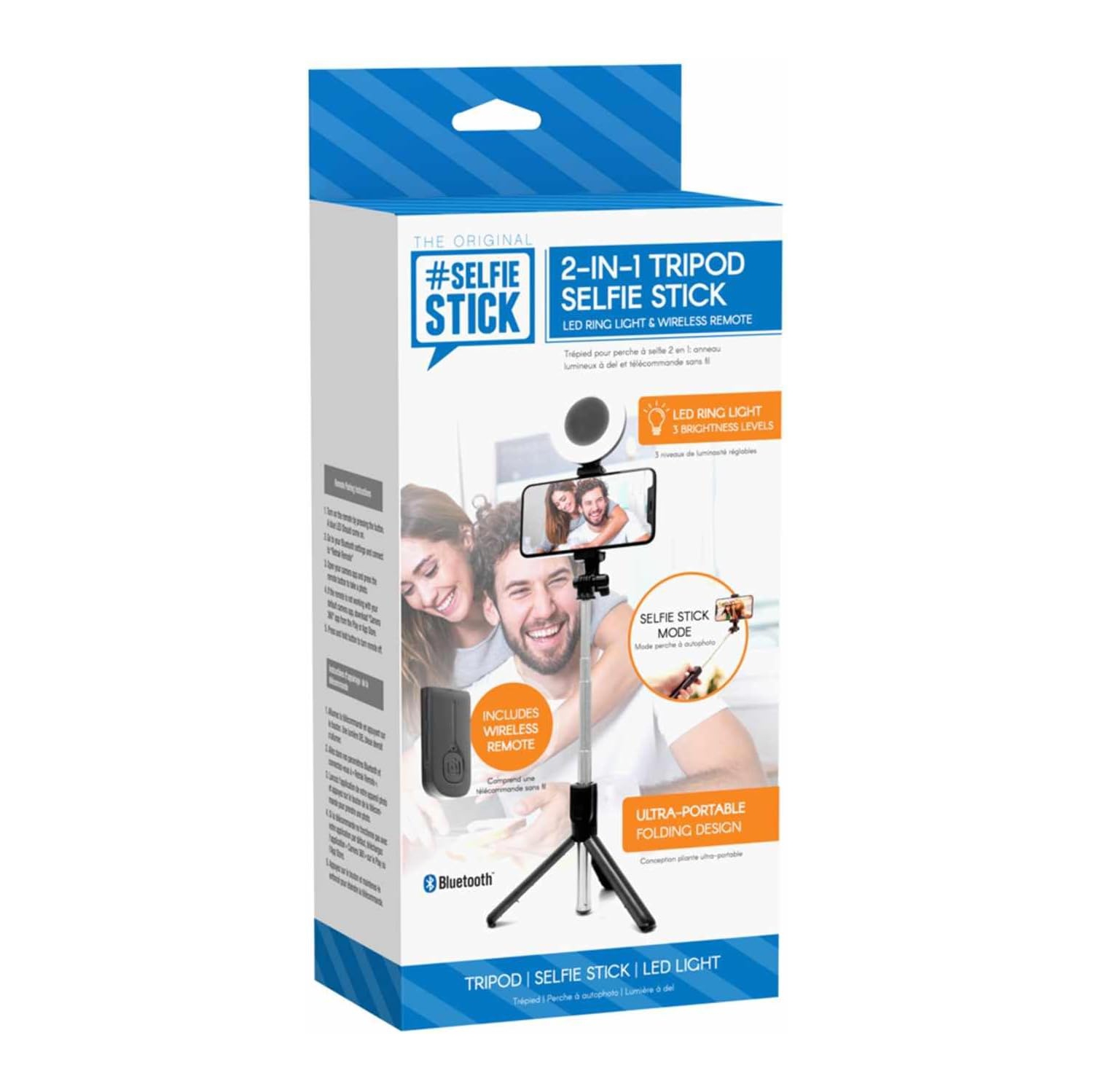 Perche à égoportrait à trépied 2-en-1 de Retrak avec anneau lumineux noir de LED - Boîte ouverte