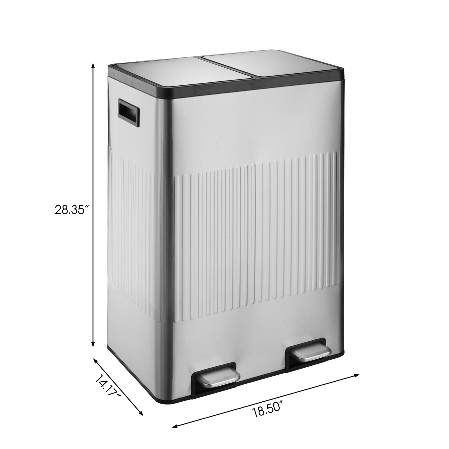 60L Stainless steel 2 compartments garbage and recycling bins with elegant linear embossment, soft-close lids and soft pedal.