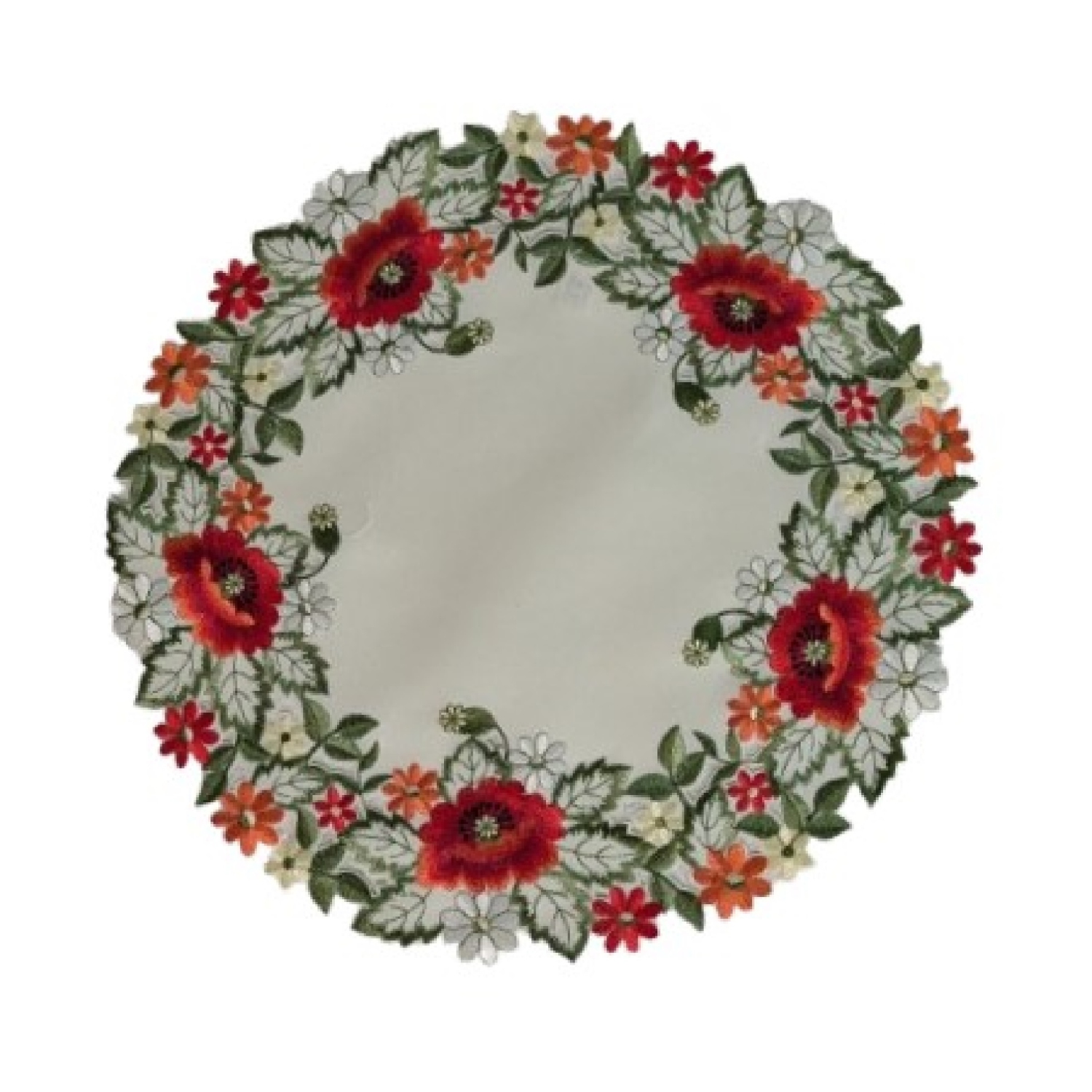 Peace Poppy Embroidered Cutwork Round Placemat, 15-Inch diameter Table Linen Decor, Water Resistance, Machine Wash safe