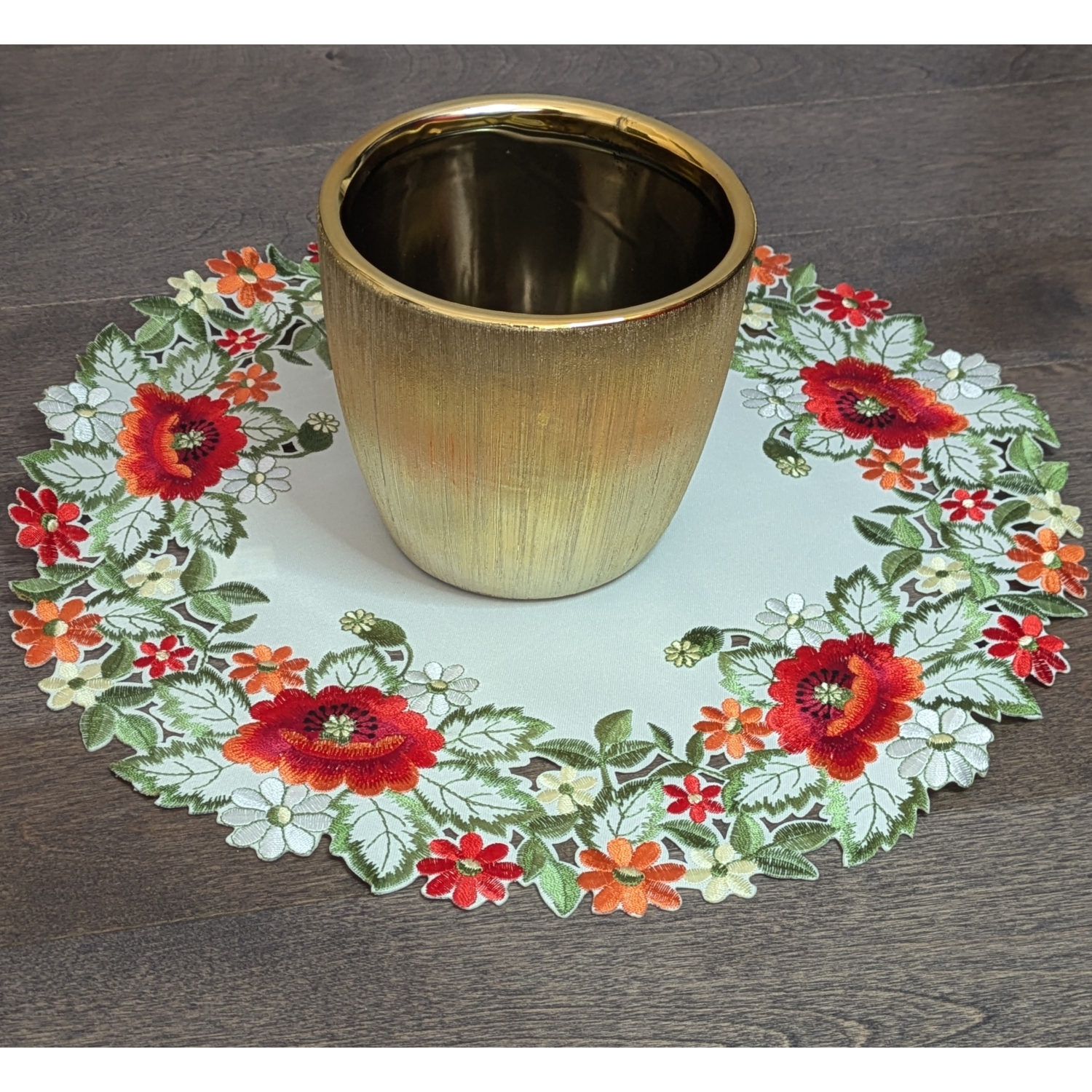 Peace Poppy Embroidered Cutwork Round Placemat, 15-Inch diameter Table Linen Decor, Water Resistance, Machine Wash safe