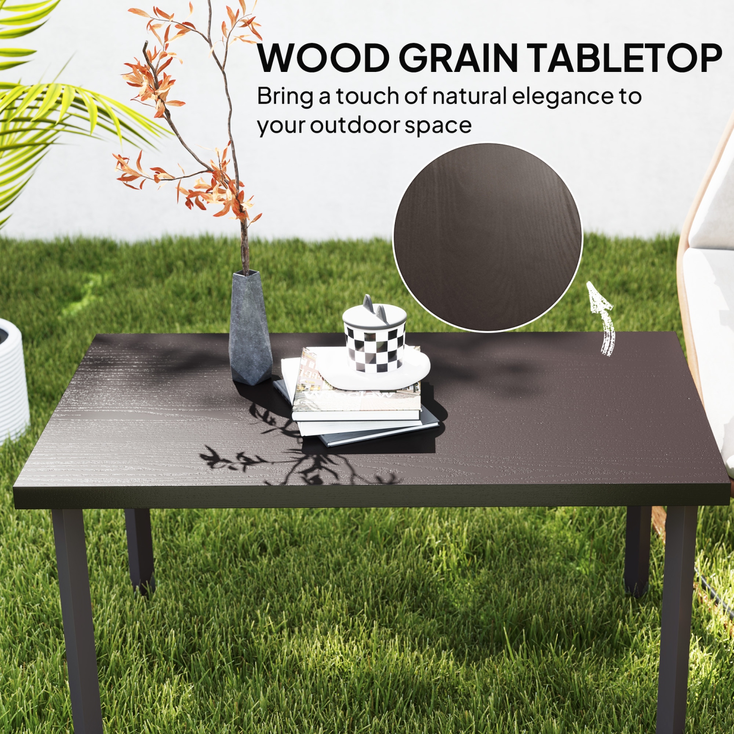 Outsunny Metal Patio Coffee Table, Rectangle Outdoor Side Table with Woodgrain Tabletop, Foot Pads for Outside Garden Patio Lawn, Brown