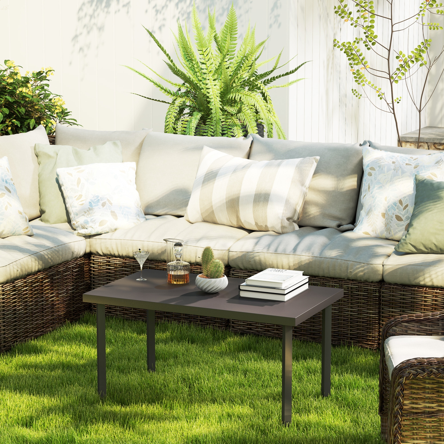 Outsunny Metal Patio Coffee Table, Rectangle Outdoor Side Table with Woodgrain Tabletop, Foot Pads for Outside Garden Patio Lawn, Brown