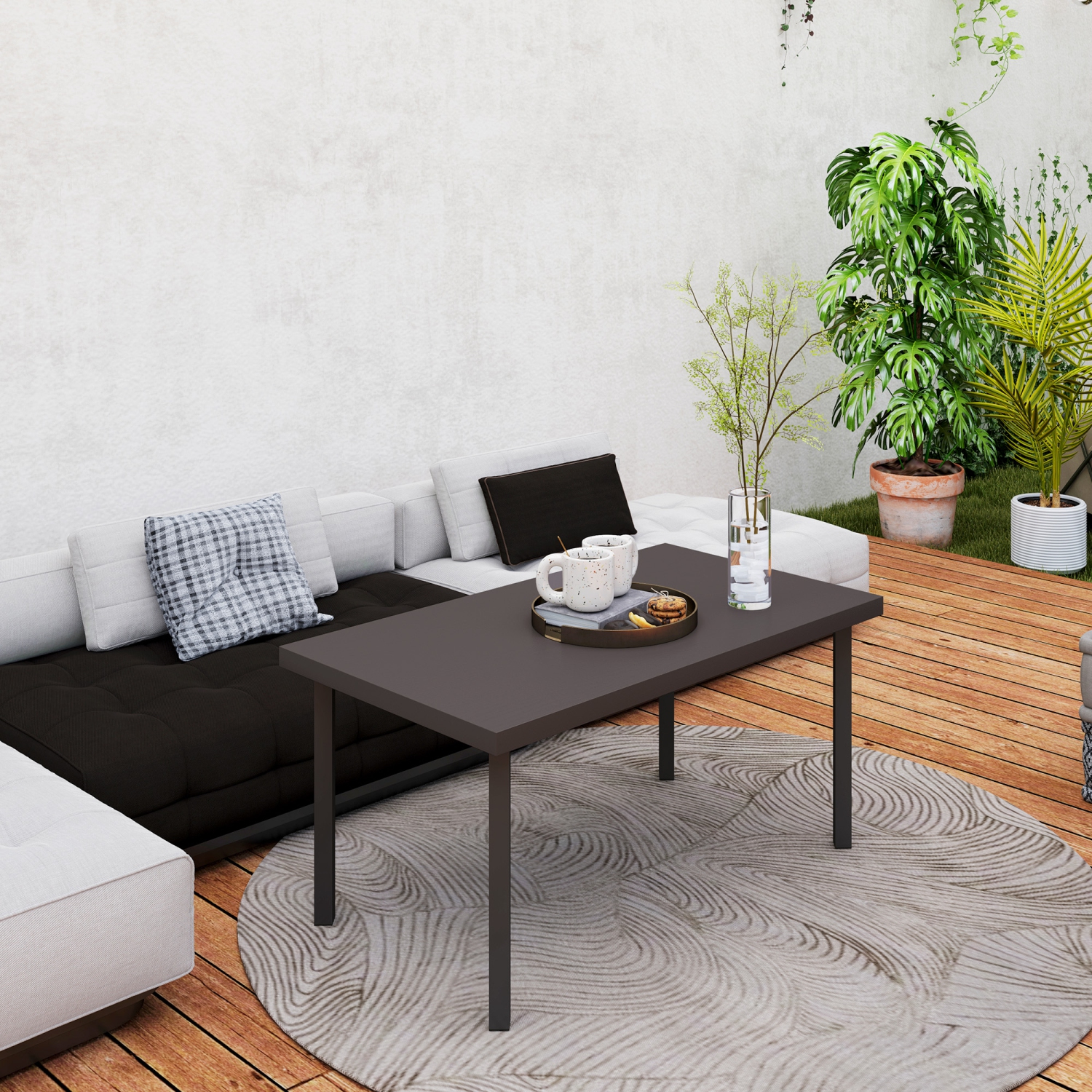 Outsunny Metal Patio Coffee Table, Rectangle Outdoor Side Table with Woodgrain Tabletop, Foot Pads for Outside Garden Patio Lawn, Brown