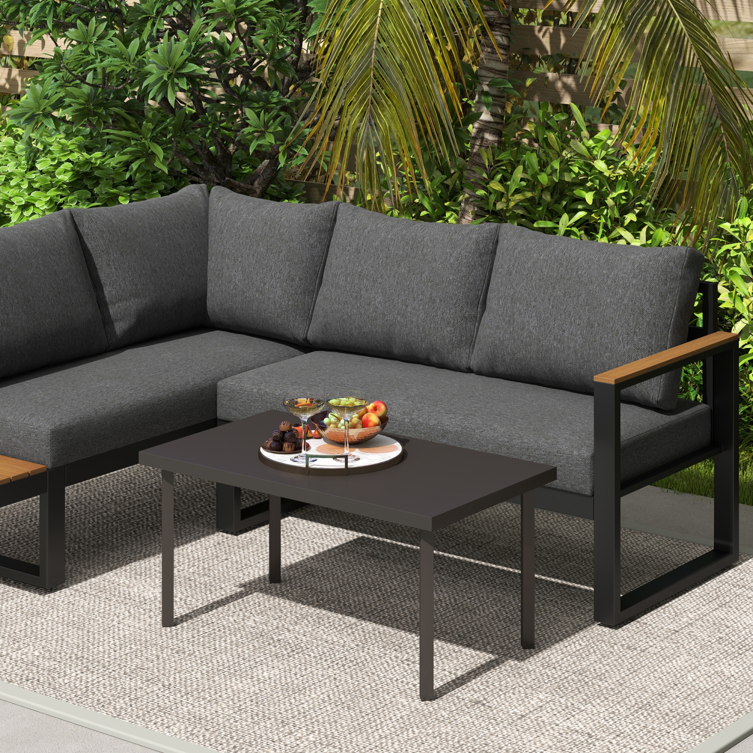 Outsunny Metal Patio Coffee Table, Rectangle Outdoor Side Table with Woodgrain Tabletop, Foot Pads for Outside Garden Patio Lawn, Brown