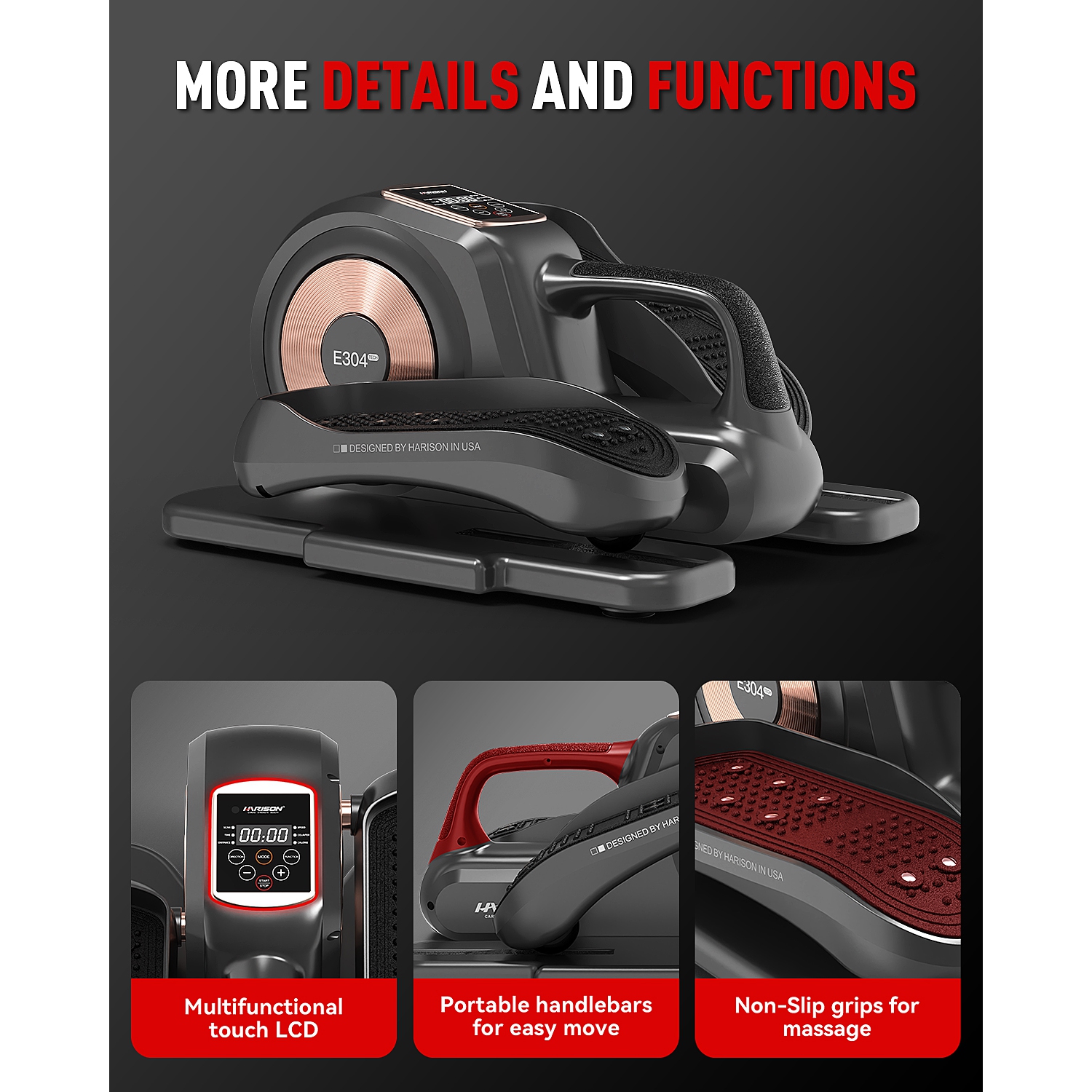 Exerciseur elliptique de dessous de bureau de HARISON avec écran LCD multifonction, exerciseur pour jambes elliptiques pour aînés avec bandes de