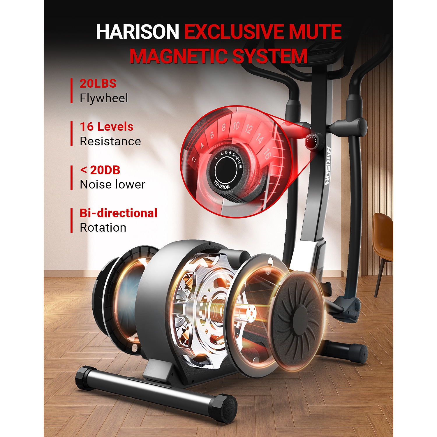 HARISON Elliptical Machine for Home 350 LBS, Magnetic Elliptical Exercise Machine with 16-Level Resistance Control, Elliptical Trainer with HARISON