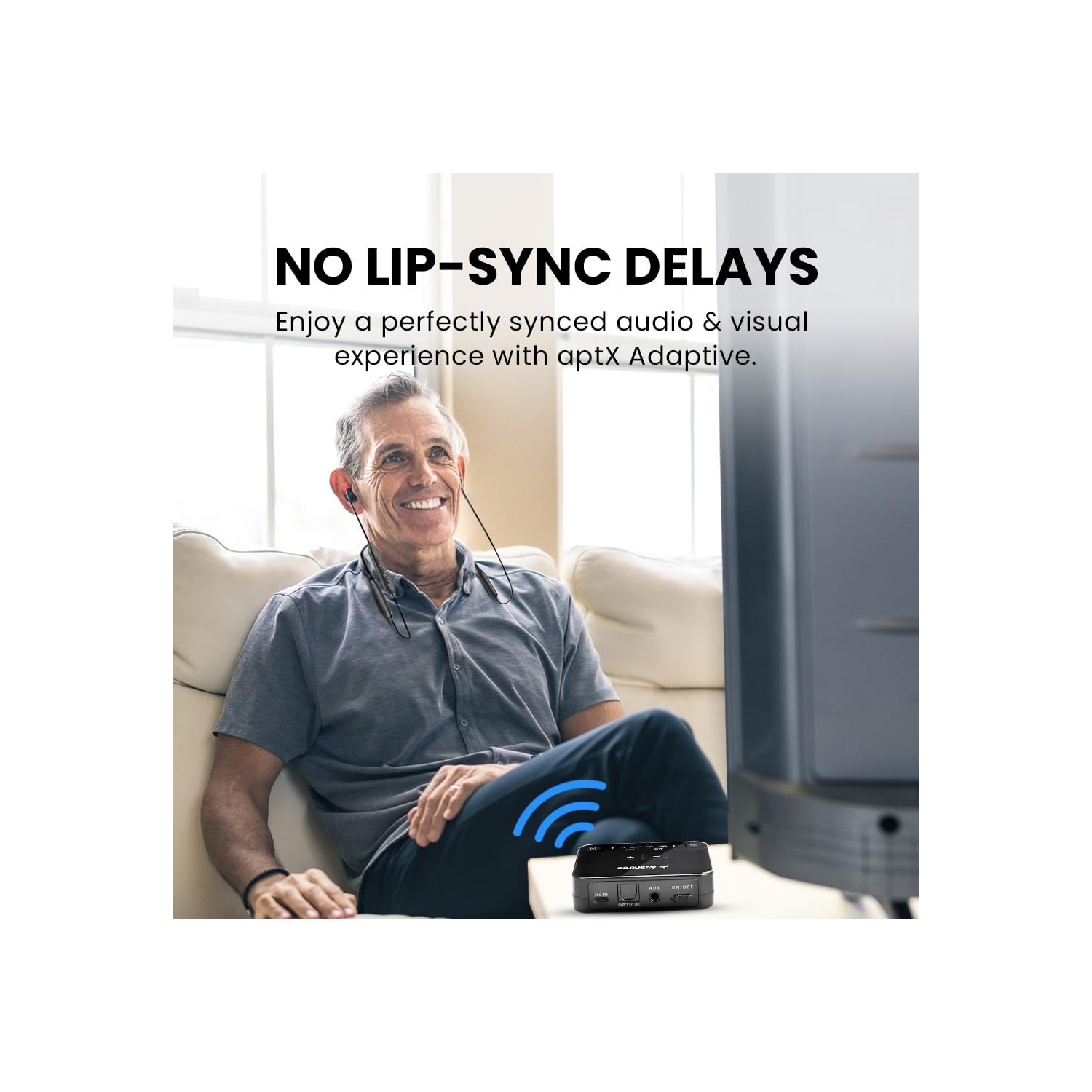 Écouteurs sans fil HT4186-Q d'Avantree [mise à niveau 2025] pour regarder la télévision, écouteurs bouton tour de cou avec émetteur sans fil aptX