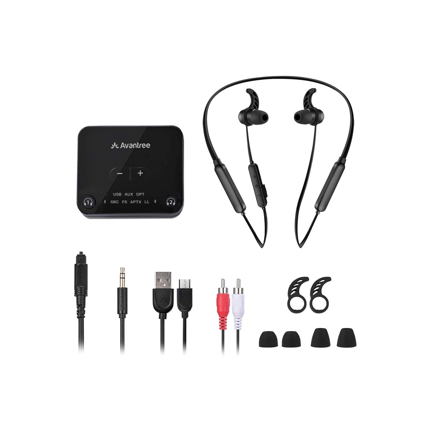 Écouteurs sans fil HT4186-Q d'Avantree [mise à niveau 2025] pour regarder la télévision, écouteurs bouton tour de cou avec émetteur sans fil aptX