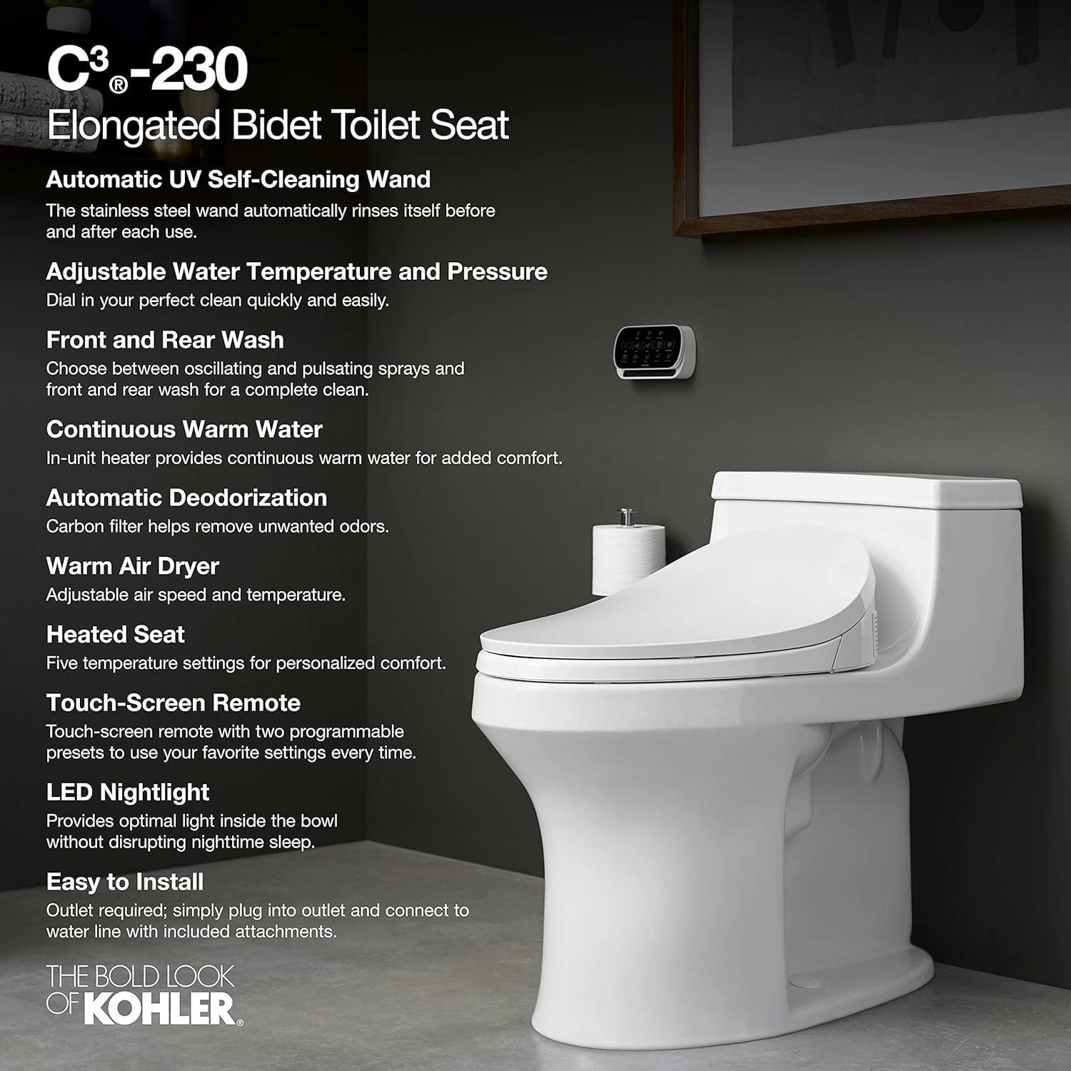 KOHLER – Siège de bidet électrique K-4108-0 C3 230, blanc avec télécommande à écran tactile, couvercle à fermeture silencieuse et siège de toilette
