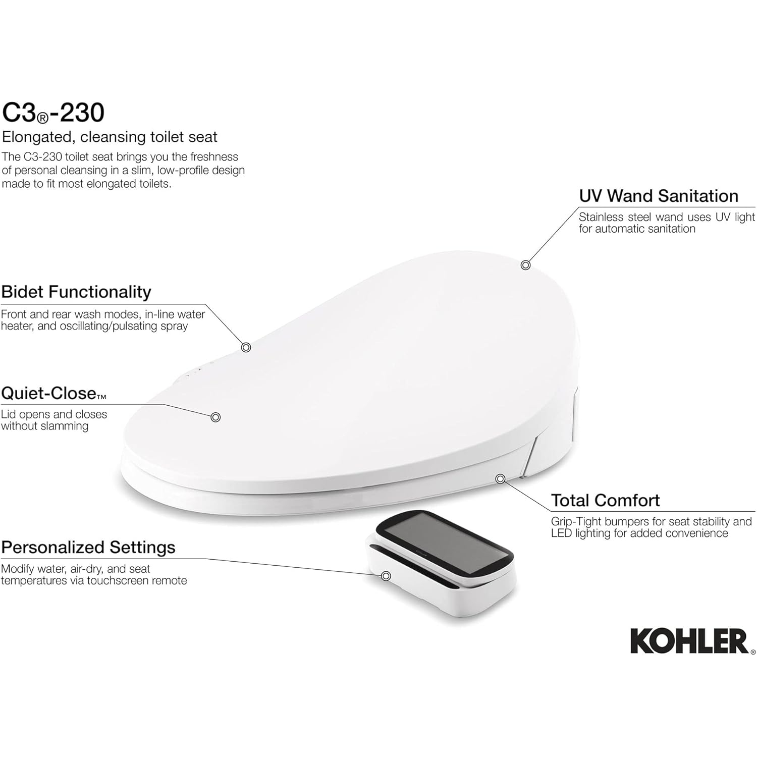 KOHLER – Siège de bidet électrique K-4108-0 C3 230, blanc avec télécommande à écran tactile, couvercle à fermeture silencieuse et siège de toilette