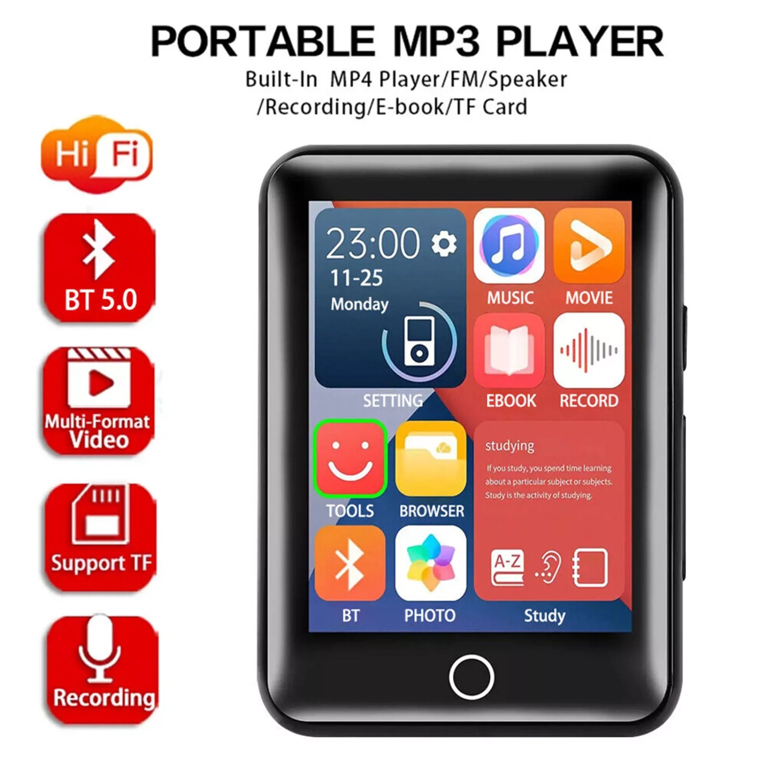 Bluetooth Touch HiFi Music MP4 MP3 Player Portable FM Radio Support 32GB Card - Black