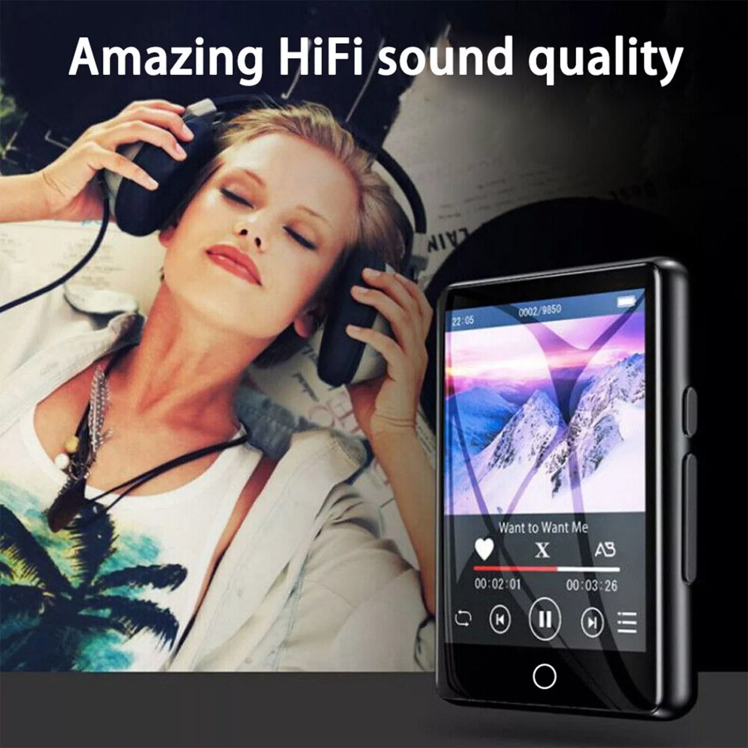 Bluetooth Touch HiFi Music MP4 MP3 Player Portable FM Radio Support 32GB Card - Black