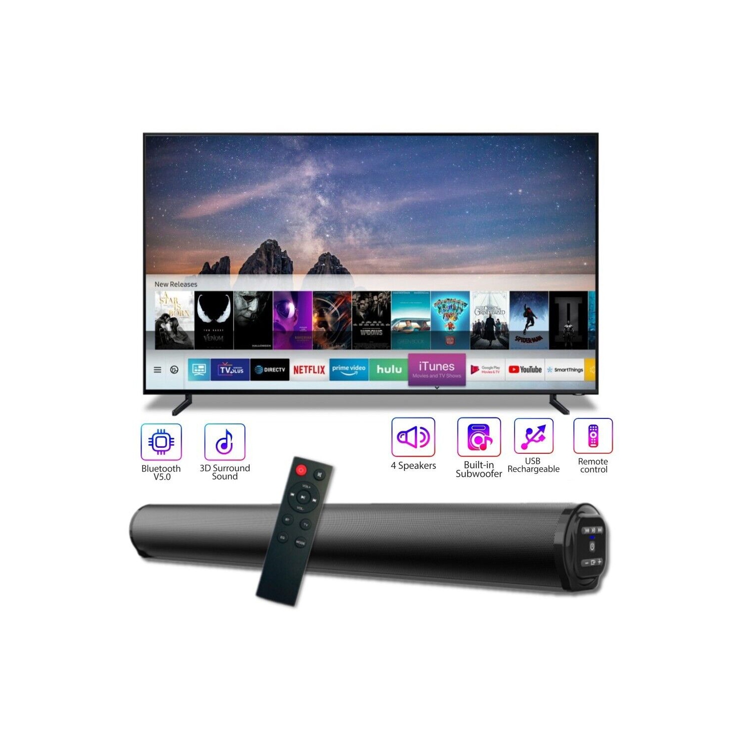 Barre de son sans fil Bluetooth 5,0 Barre de son Audio portatif Haut-parleur d'extrêmes graves Home pour téléviseur intelligent - Noir