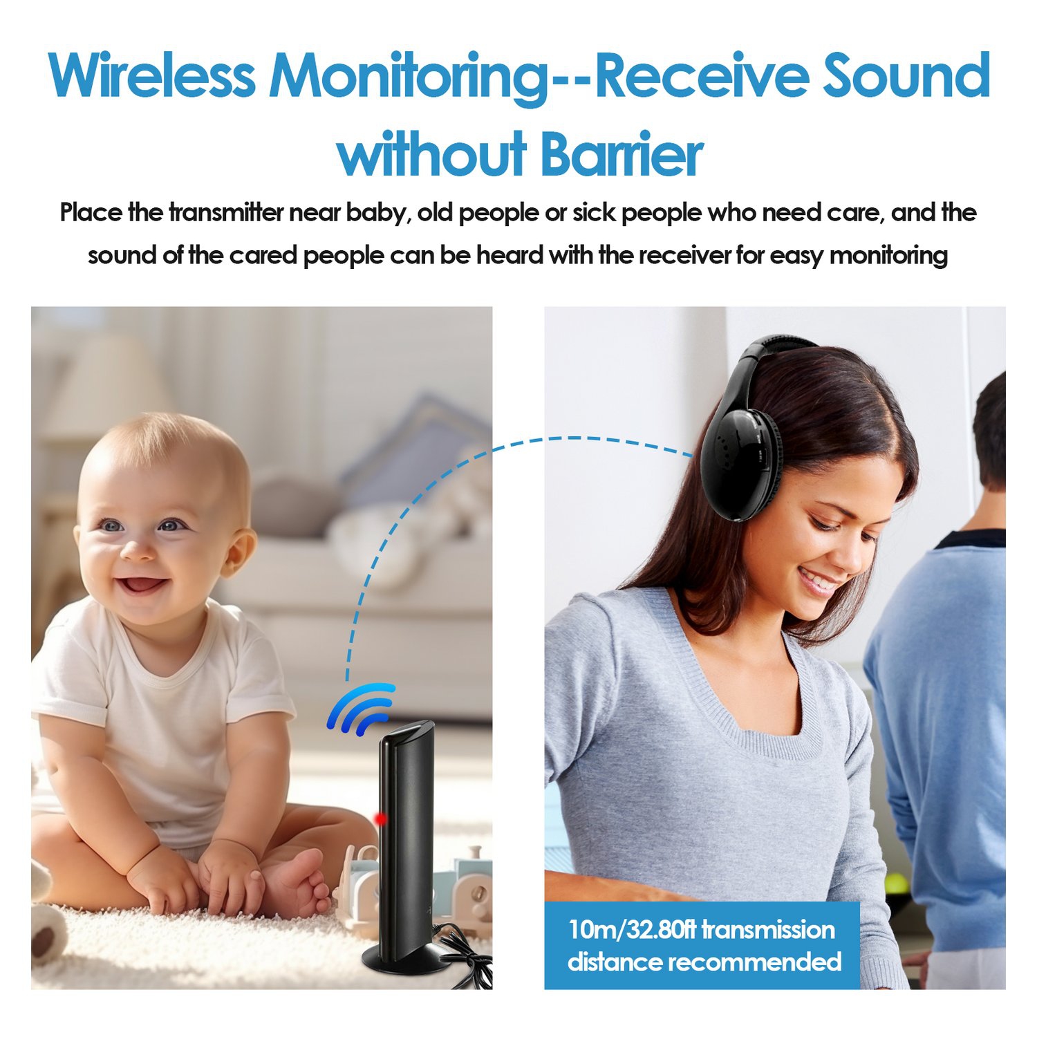 Wireless TV Headphones with 2.4g Digital RF Transmitter,Hi-Fi Over-Ear Cordless Headphones with Mic for PC TV Radio-Black