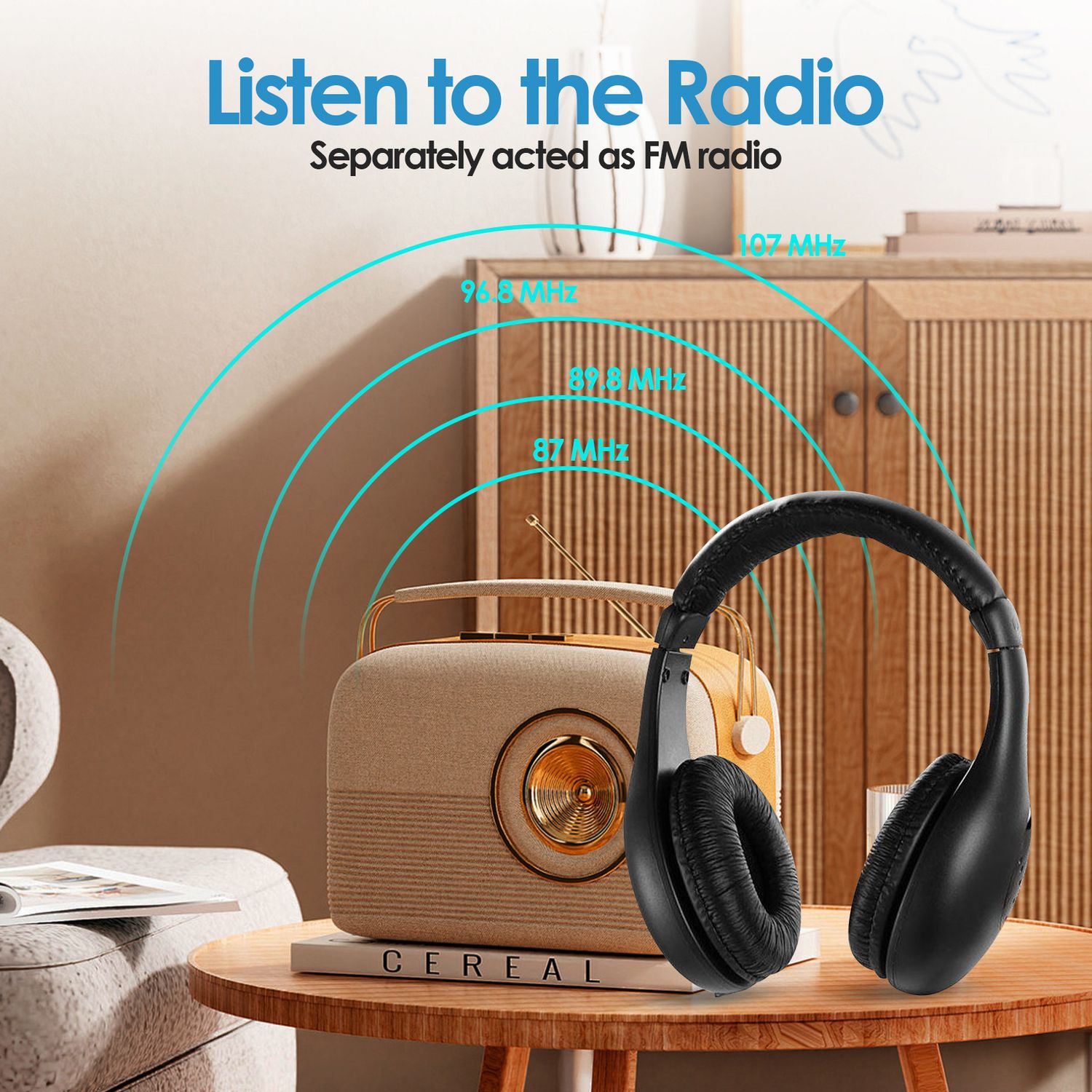 Wireless TV Headphones with 2.4g Digital RF Transmitter,Hi-Fi Over-Ear Cordless Headphones with Mic for PC TV Radio-Black