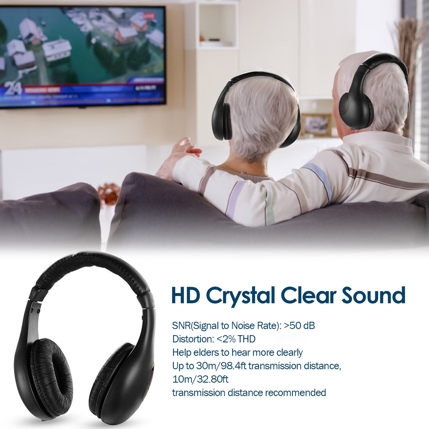 Wireless TV Headphones with 2.4g Digital RF Transmitter,Hi-Fi Over-Ear Cordless Headphones with Mic for PC TV Radio-Black