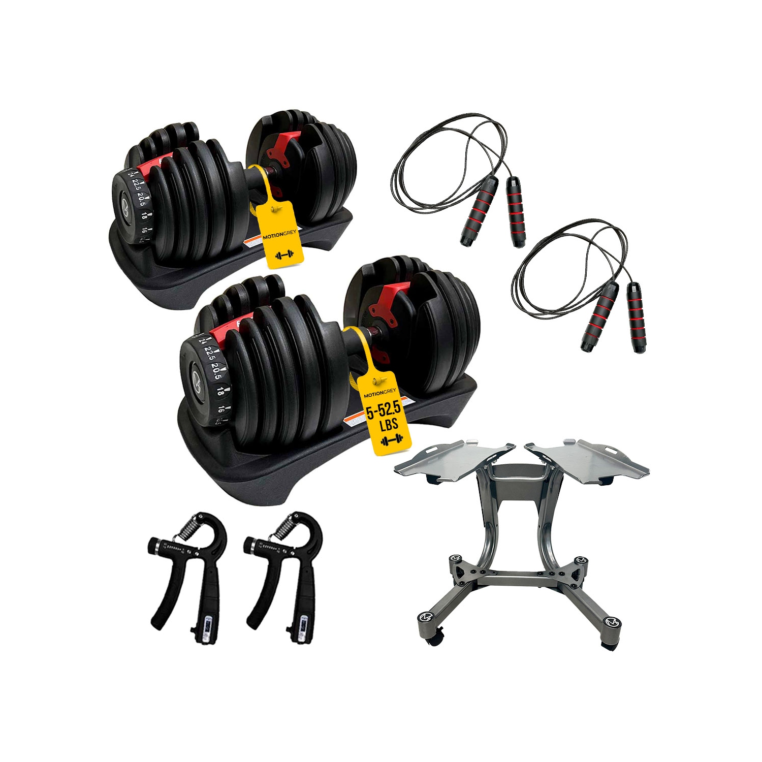 MotionGrey Adjustable Dumbbells 5-52.5 LB with High Strength Hand Grip & Converter - Dumbbell Stand, Jump Rope and Anti-Slip Metal Hand Equipment -