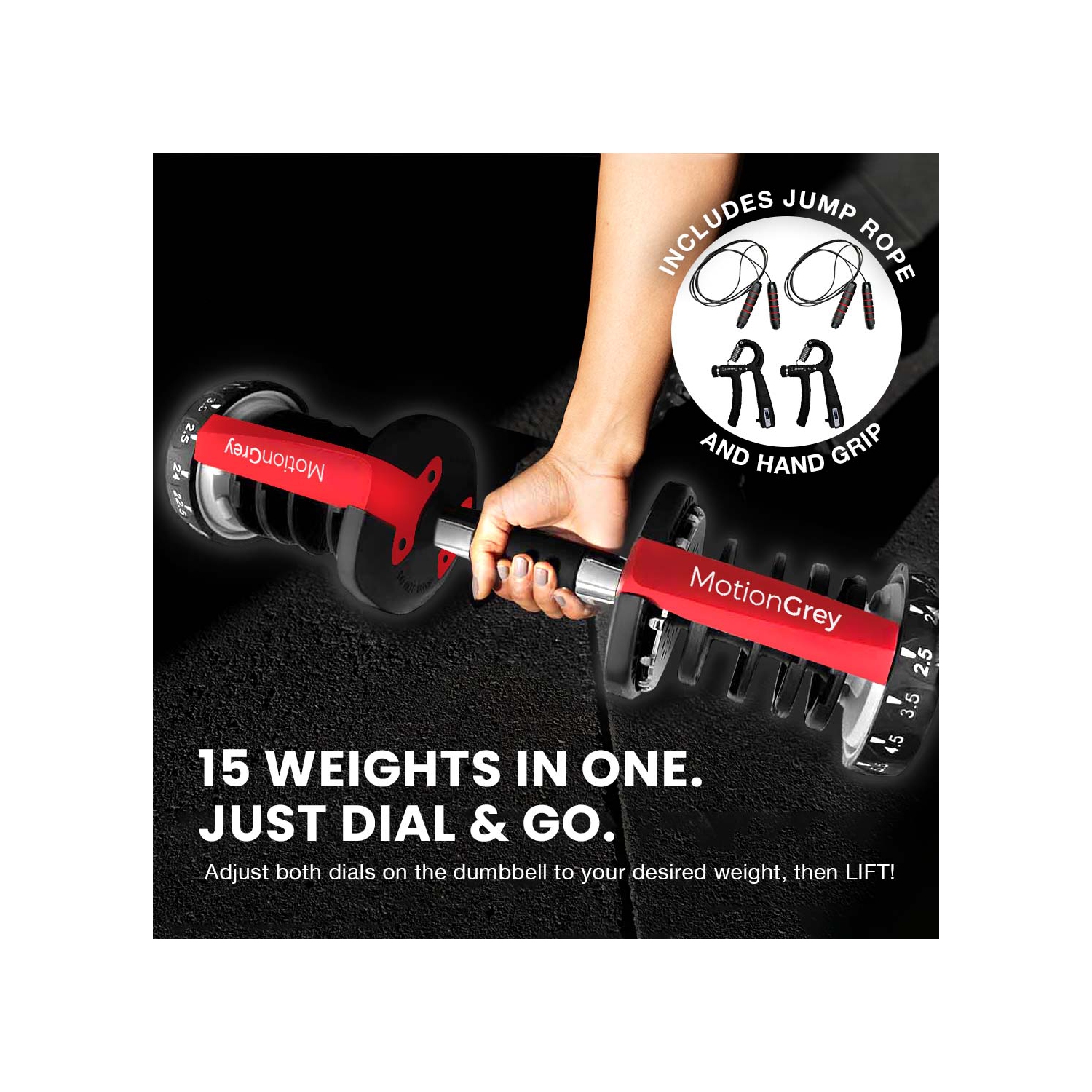 MotionGrey Adjustable Dumbbells 5-52.5 LB with High Strength Hand Grip & Converter - Dumbbell Stand, Jump Rope and Anti-Slip Metal Hand Equipment -