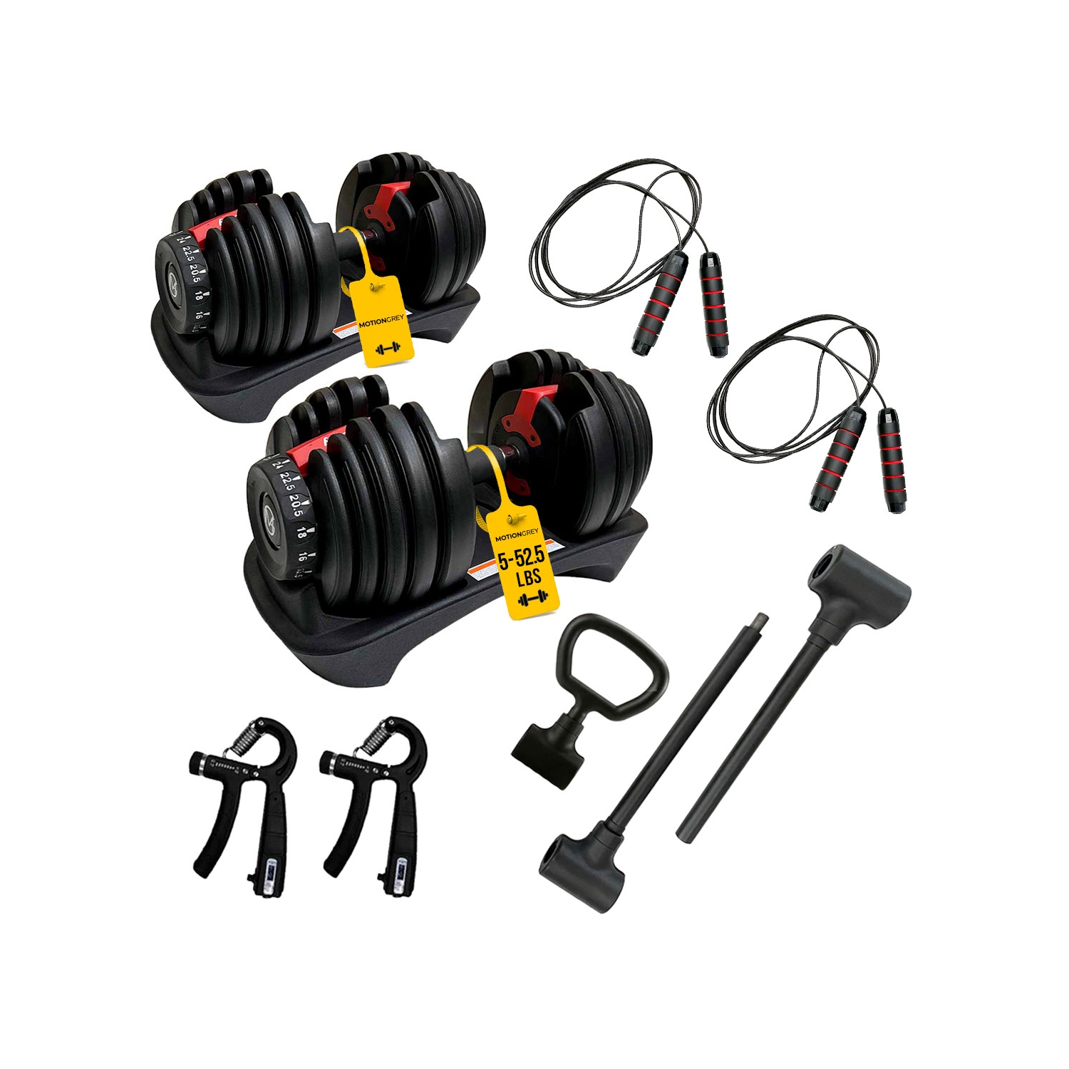 Haltères réglables MotionGrey 5-52,5LB – Haltères, haltères et haltères russes 3-en-1 avec 15 poids réglables et prise haute force