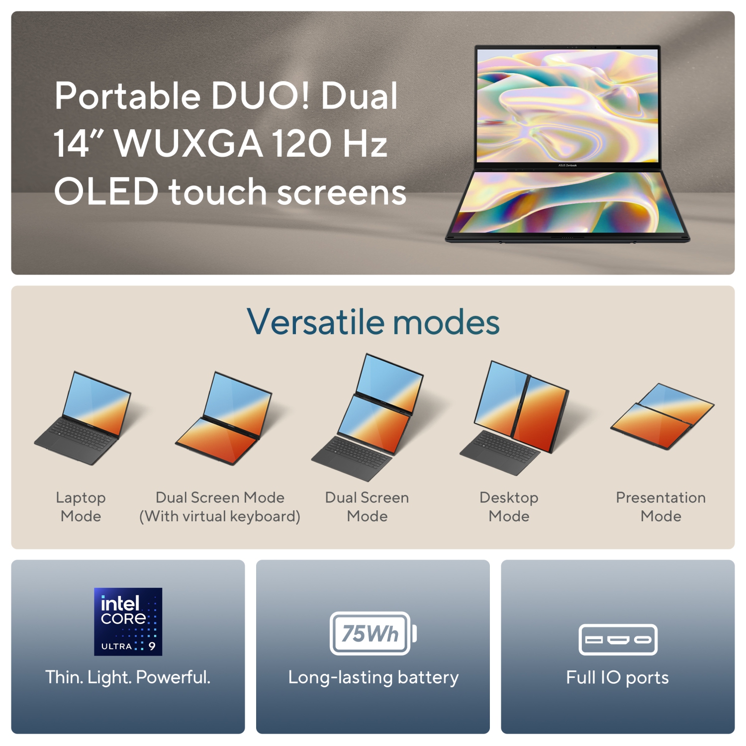 Portable à deux écrans tactiles Zenbook DUO d'ASUS (écran OLED 14&nbsp;po/processeur Core Ultra 9 285H d'Intel/carte graphique Arc d'Intel/mémoire