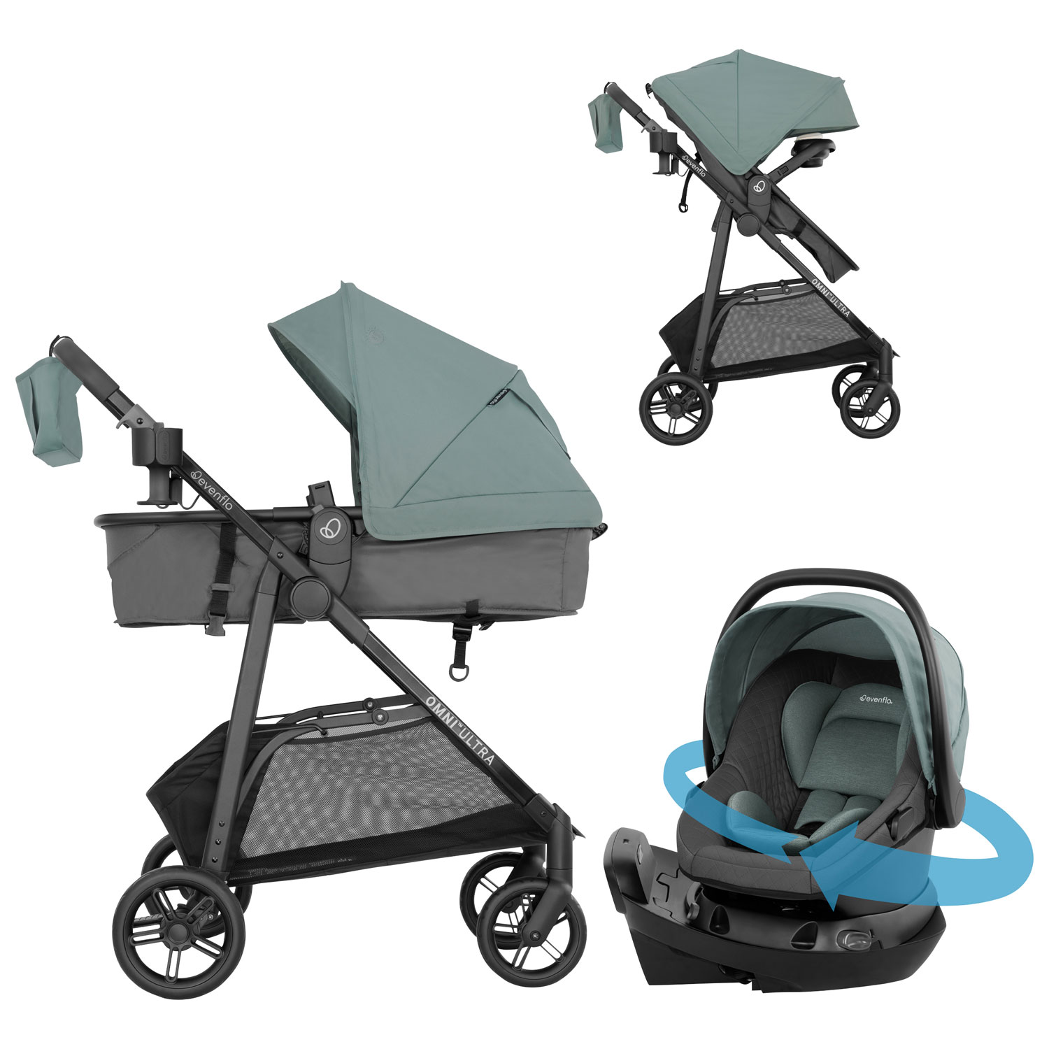 Poussette Omni Ultra d'Evenflo avec siège d'auto rotatif pour bébé Revolve180 LiteMax NXT - Vert Pacifique