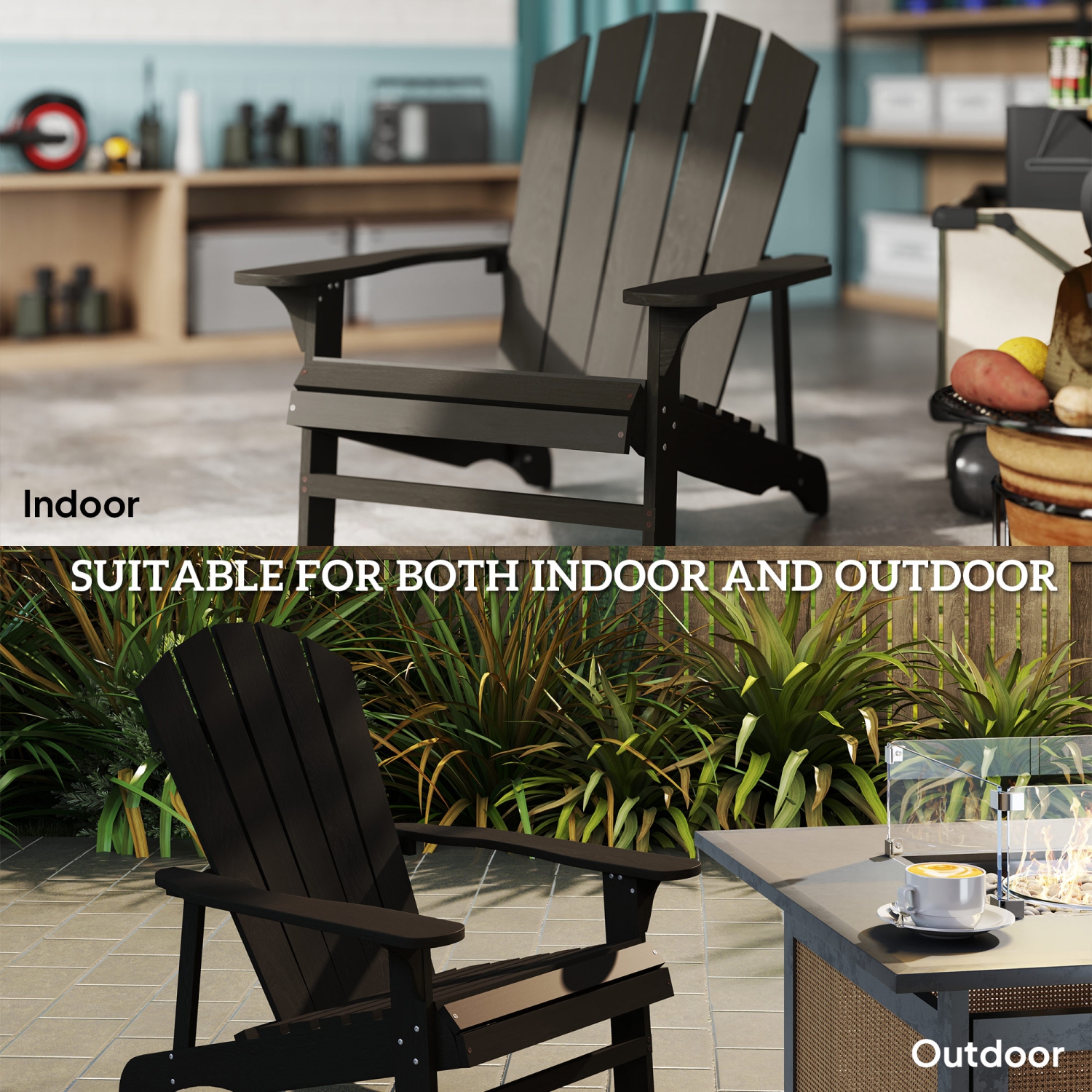 Outsunny Wood Adirondack Chair, Outdoor Patio Muskoka Chair with Slatted Design for Deck, Garden, Backyard, Fire Pit, Black