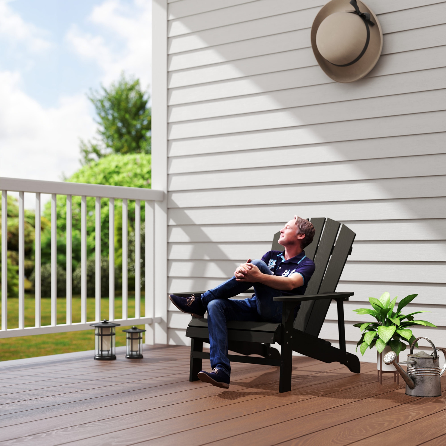 Outsunny Wood Adirondack Chair, Outdoor Patio Muskoka Chair with Slatted Design for Deck, Garden, Backyard, Fire Pit, Black