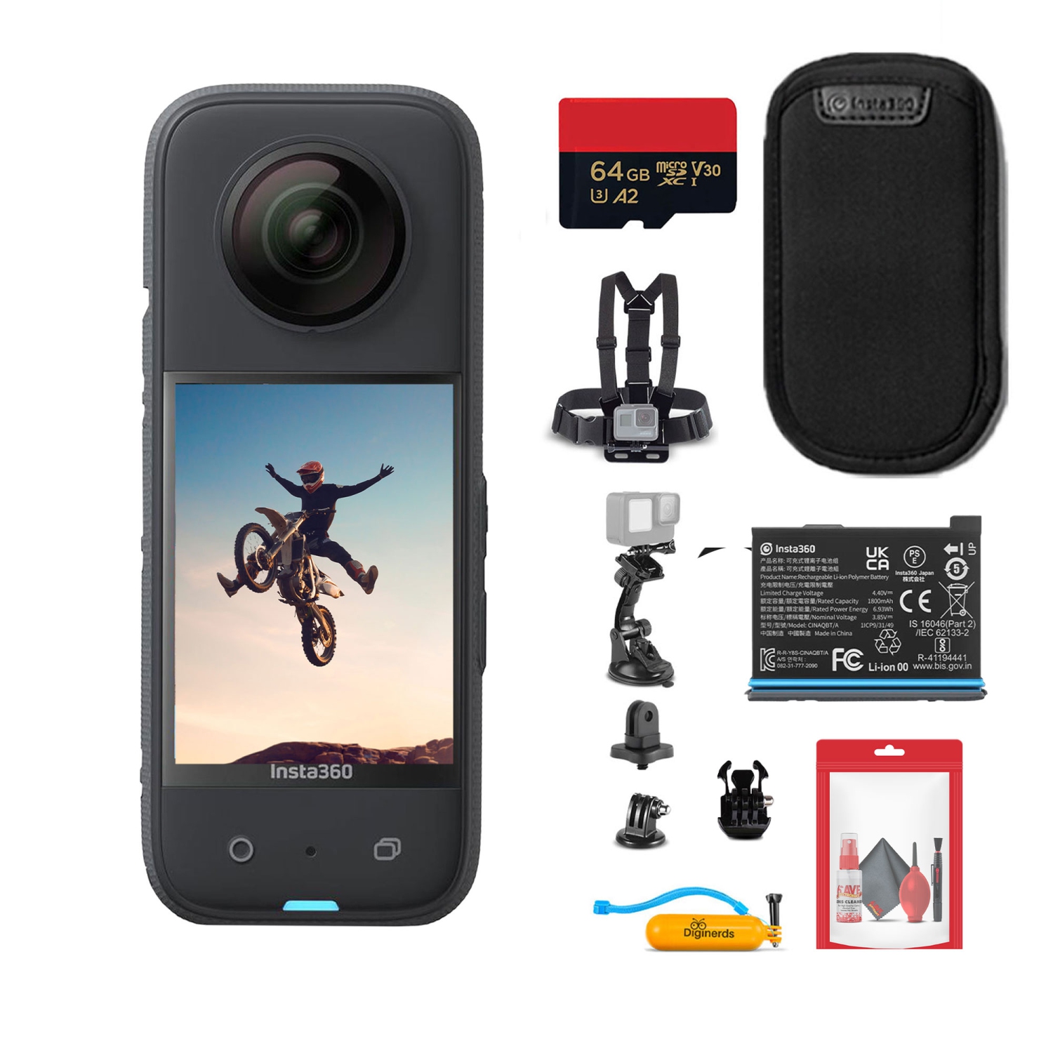 Insta360 X3 – Caméra d'action étanche 360 + carte 64&nbsp;Go + trousse de nettoyage