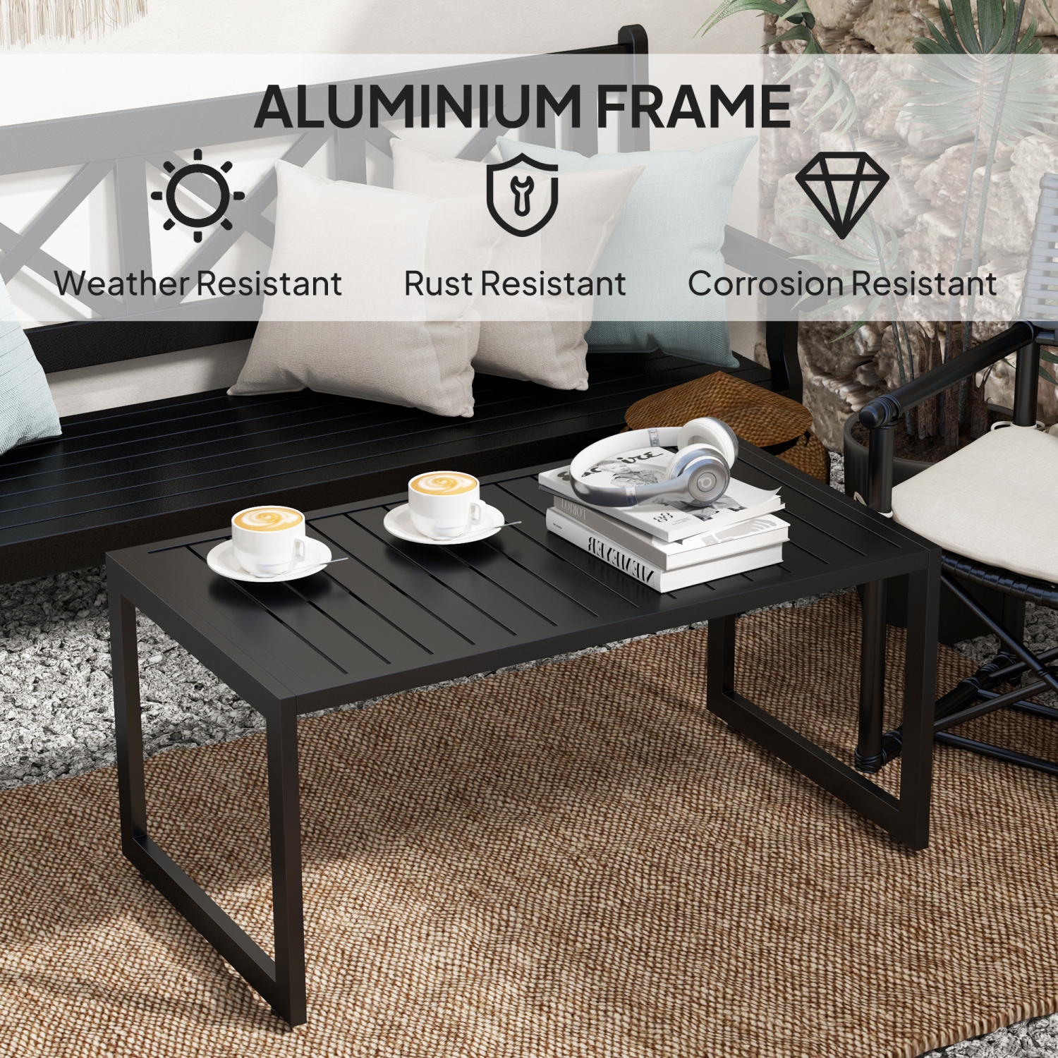 Outsunny Aluminum Outdoor Coffee Table, 35" Patio Coffee Table with Slatted Tabletop and Adjustable Foot Pads for Garden, Lawn, Balcony, Black