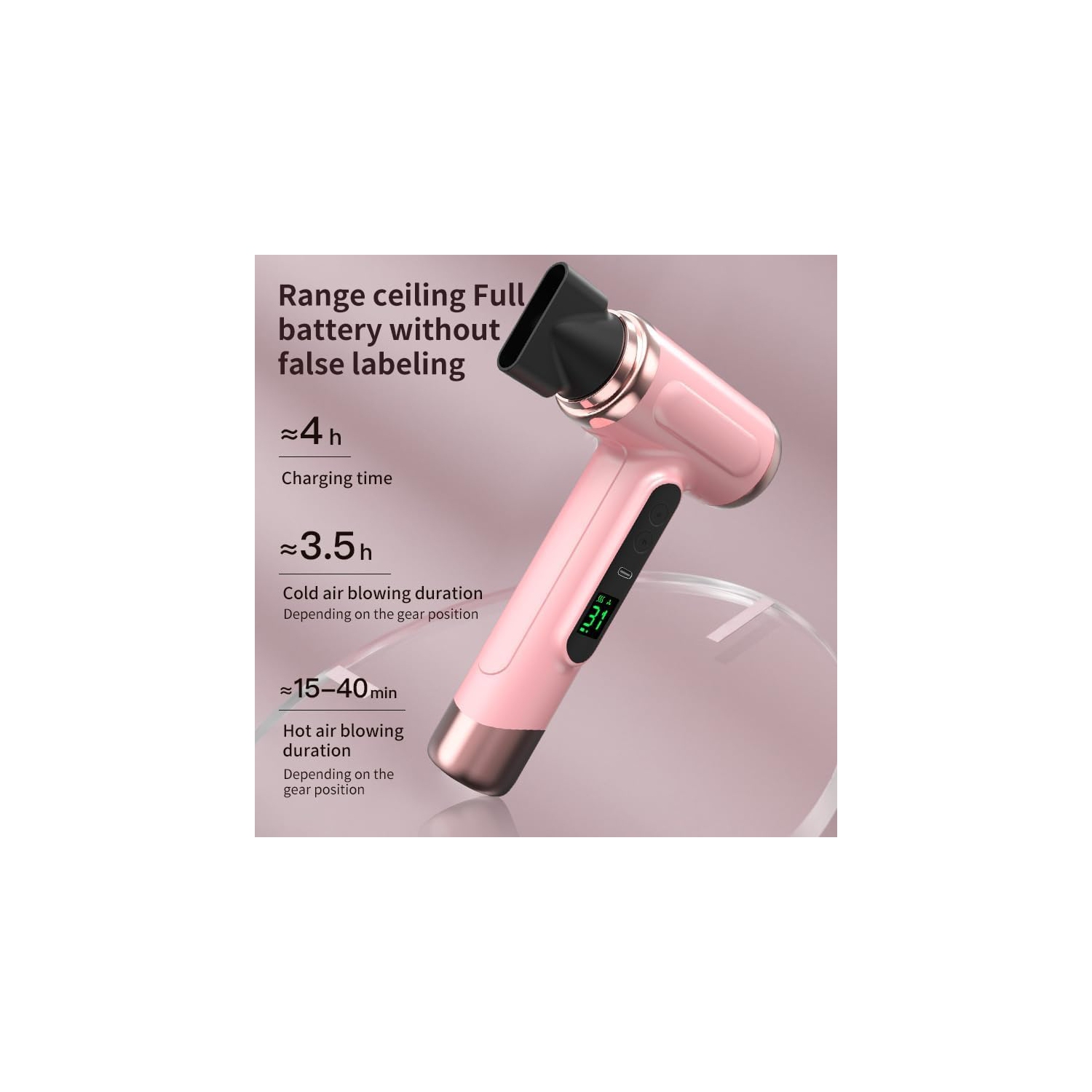 Sèche-cheveux sans fil, sèche-cheveux rechargeable, 3 sèche-cheveux à vent froid réglable, outil de coiffure portatif pour le camping de voyage - Rose