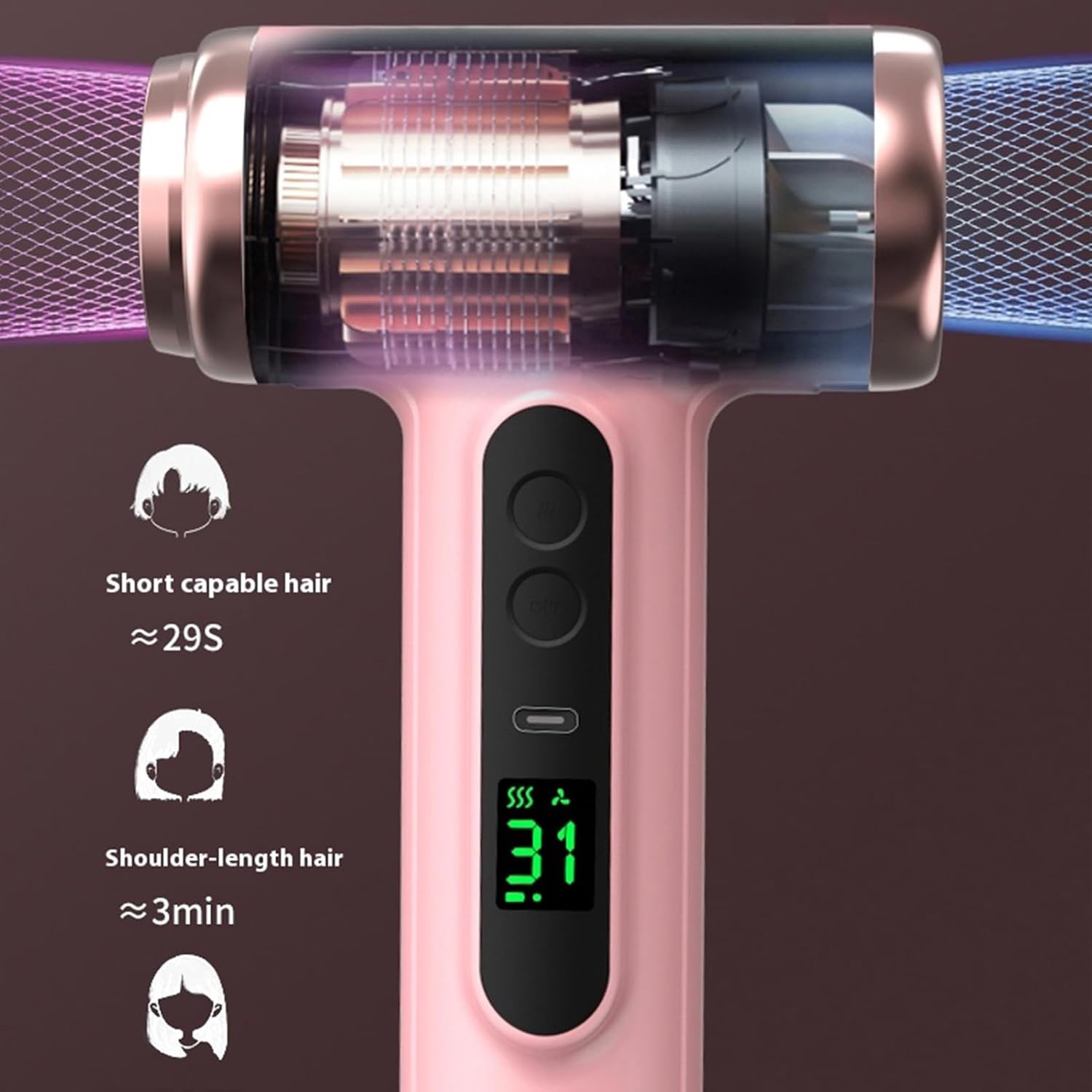 Sèche-cheveux sans fil, sèche-cheveux rechargeable, 3 sèche-cheveux à vent froid réglable, outil de coiffure portatif pour le camping de voyage - Rose