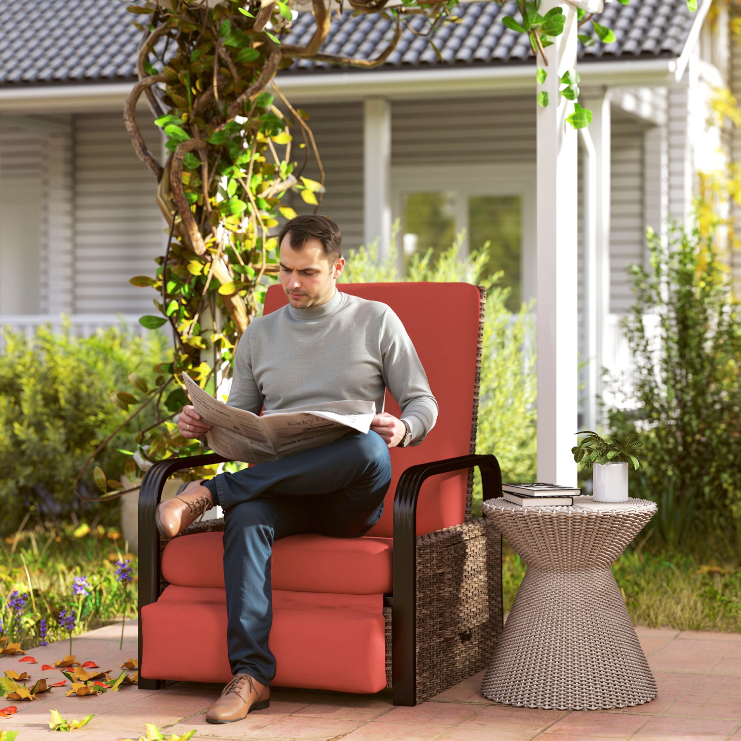 Outsunny Outdoor Recliner Chair, Reclining Outdoor Lounge Chair with Adjustable Backrest and Footrest, Wicker Chair with Flip Side Table, Aluminum