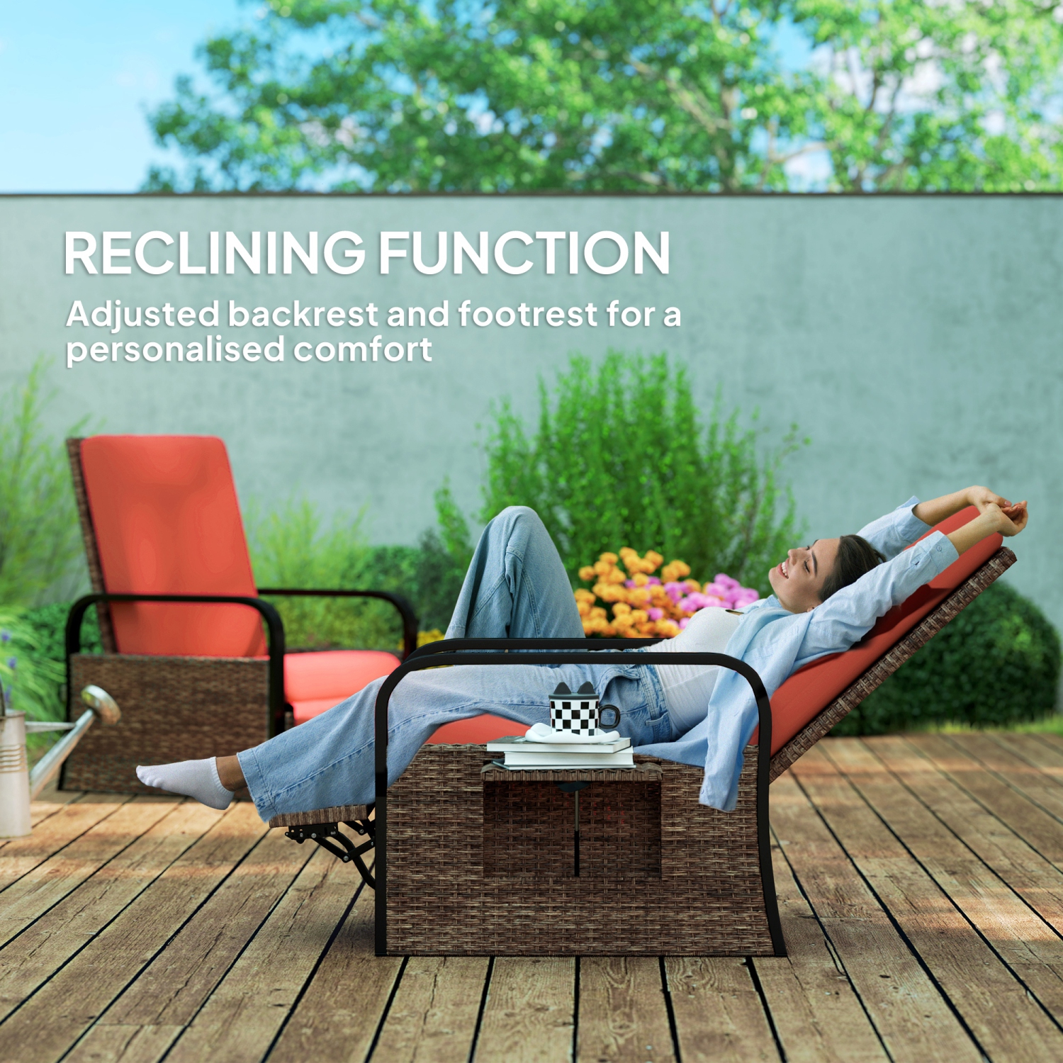 Outsunny Outdoor Recliner Chair, Reclining Outdoor Lounge Chair with Adjustable Backrest and Footrest, Wicker Chair with Flip Side Table, Aluminum