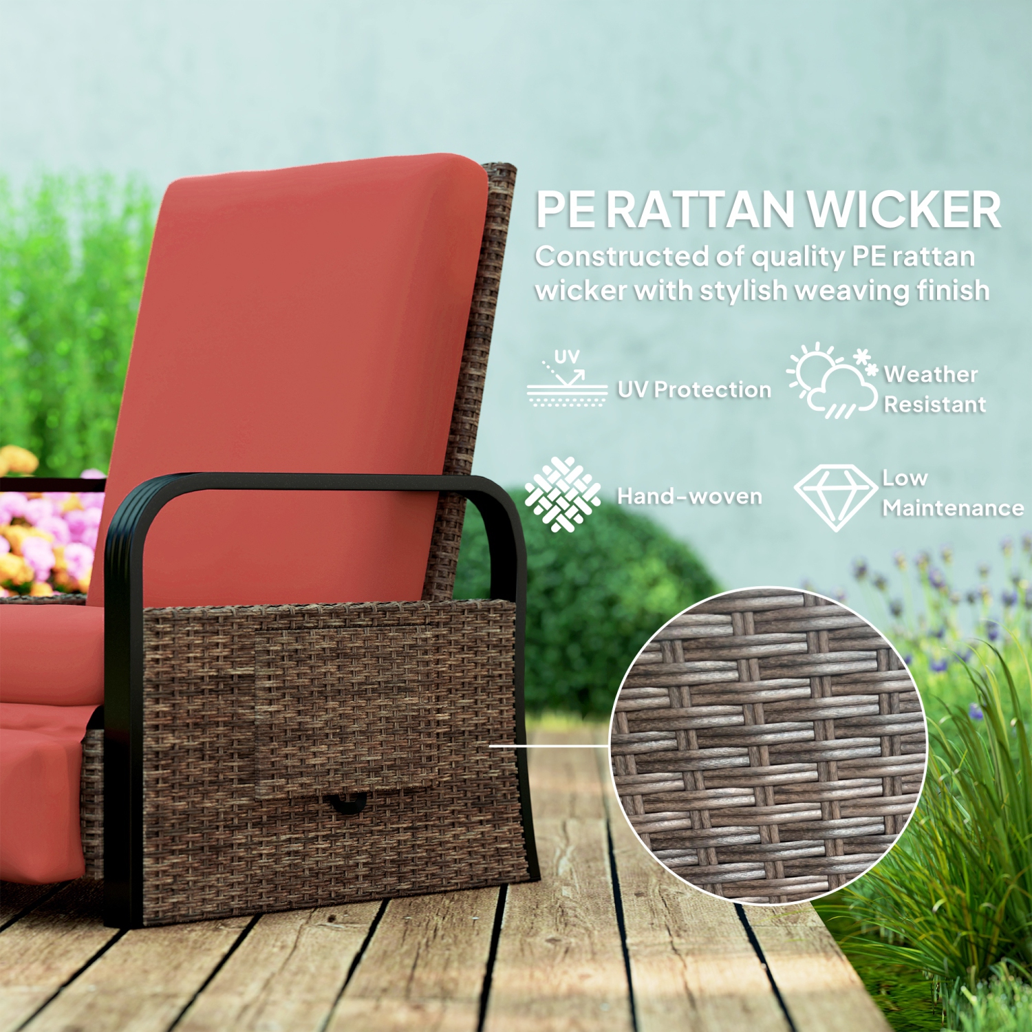 Outsunny Outdoor Recliner Chair, Reclining Outdoor Lounge Chair with Adjustable Backrest and Footrest, Wicker Chair with Flip Side Table, Aluminum