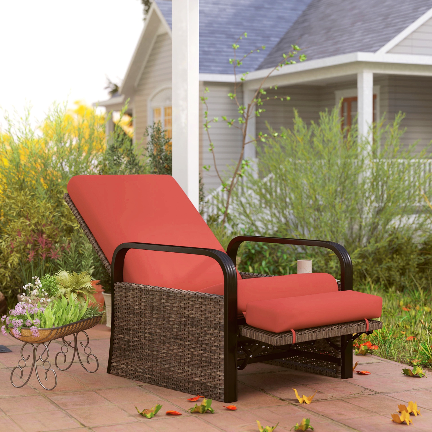 Outsunny Outdoor Recliner Chair, Reclining Outdoor Lounge Chair with Adjustable Backrest and Footrest, Wicker Chair with Flip Side Table, Aluminum