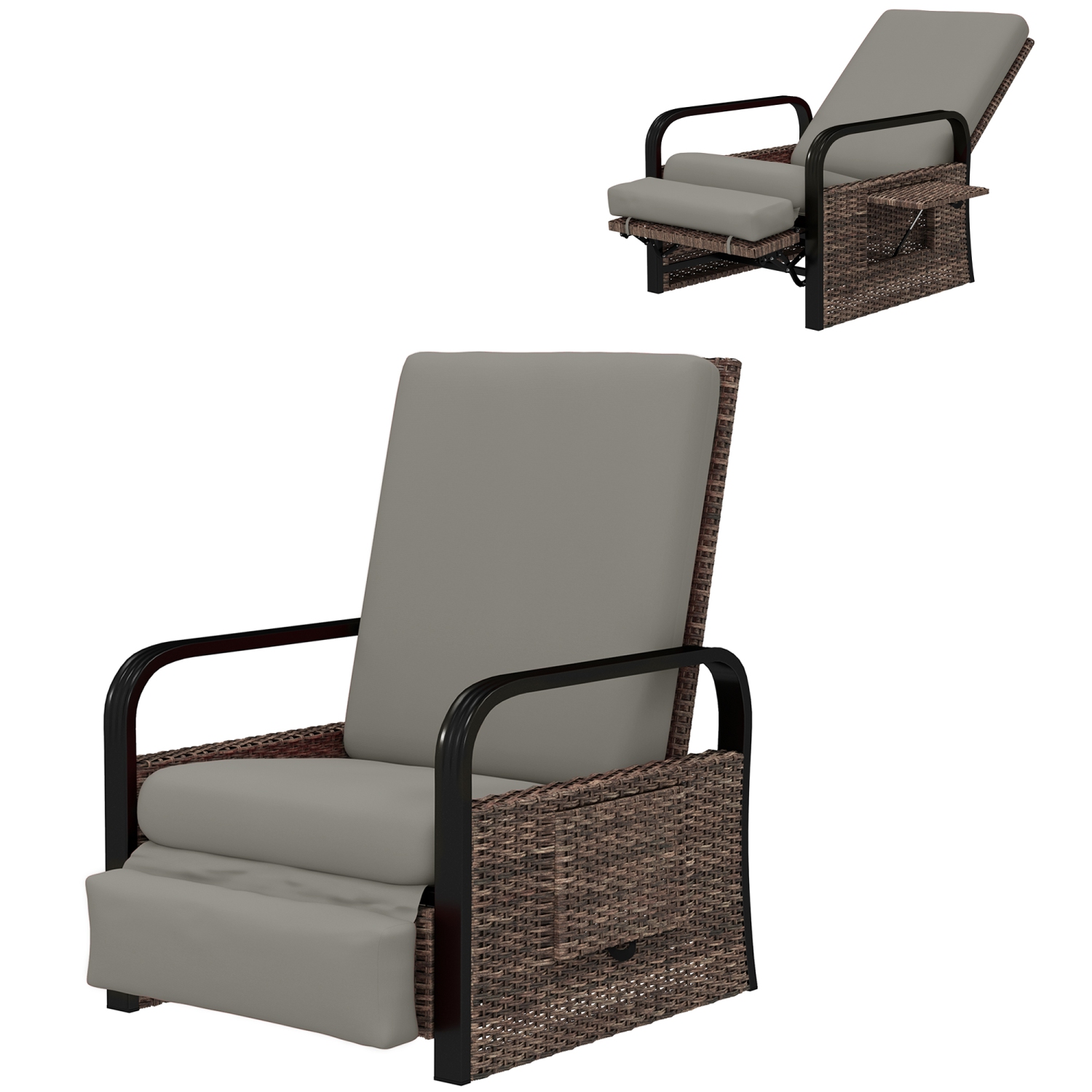Outsunny Outdoor Recliner Chair, Reclining Outdoor Lounge Chair with Adjustable Backrest and Footrest, Wicker Chair with Flip Side Table, Aluminum