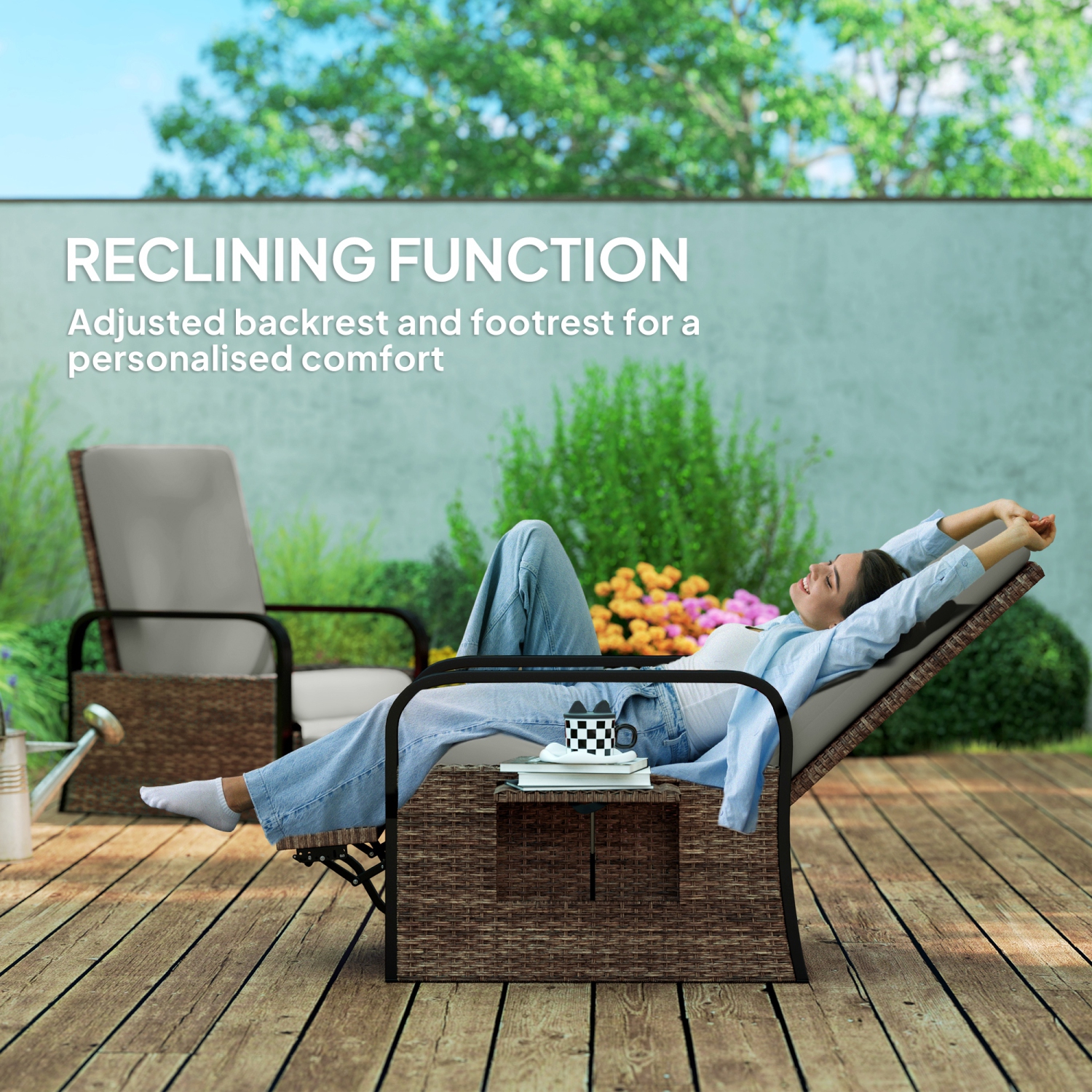 Outsunny Outdoor Recliner Chair, Reclining Outdoor Lounge Chair with Adjustable Backrest and Footrest, Wicker Chair with Flip Side Table, Aluminum