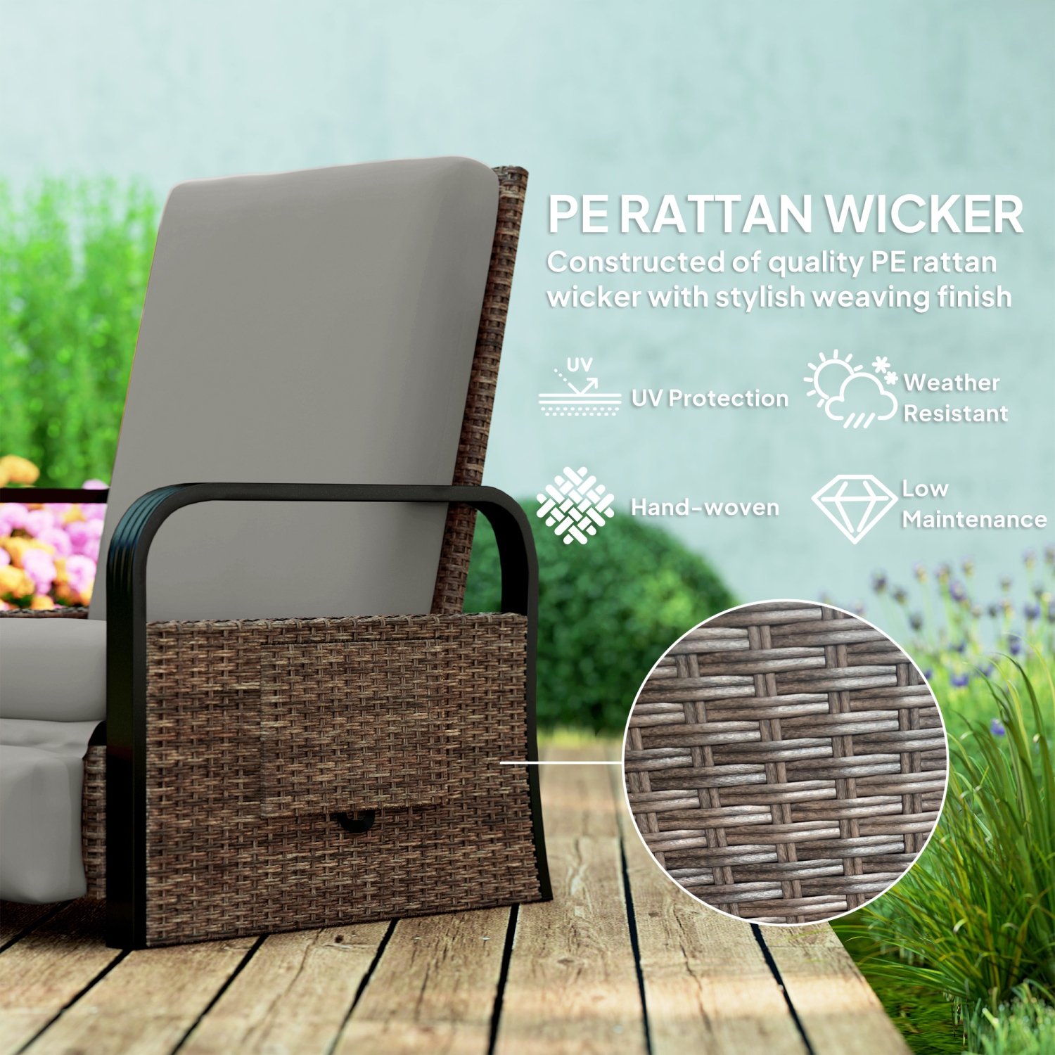 Outsunny Outdoor Recliner Chair, Reclining Outdoor Lounge Chair with Adjustable Backrest and Footrest, Wicker Chair with Flip Side Table, Aluminum