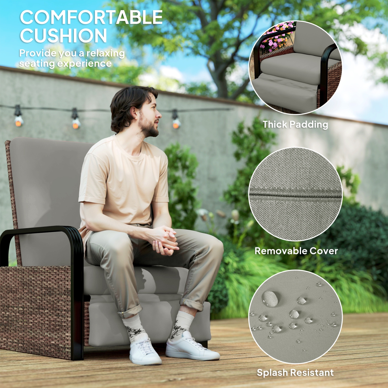 Outsunny Outdoor Recliner Chair, Reclining Outdoor Lounge Chair with Adjustable Backrest and Footrest, Wicker Chair with Flip Side Table, Aluminum