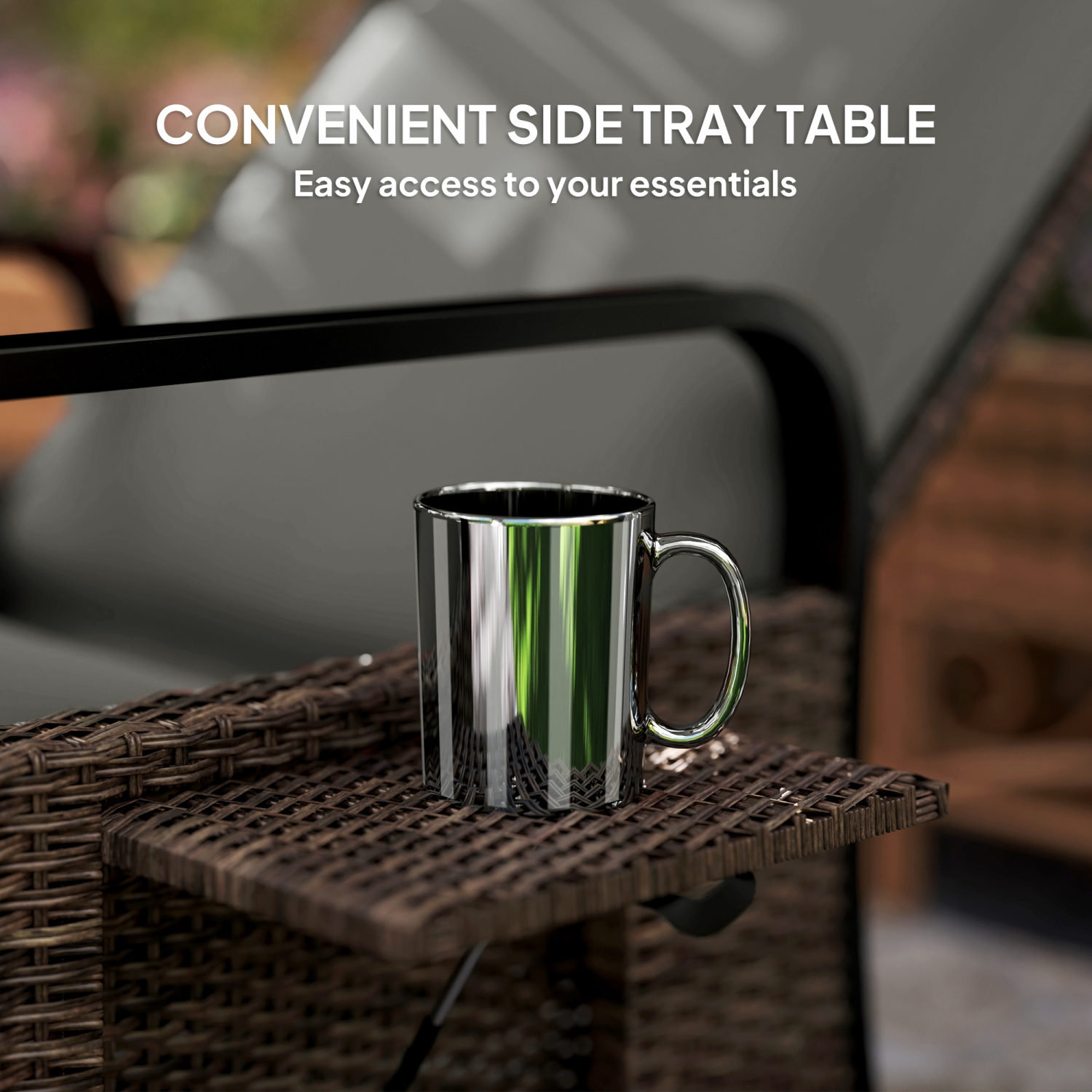 Outsunny Outdoor Recliner Chair, Reclining Outdoor Lounge Chair with Adjustable Backrest and Footrest, Wicker Chair with Flip Side Table, Aluminum