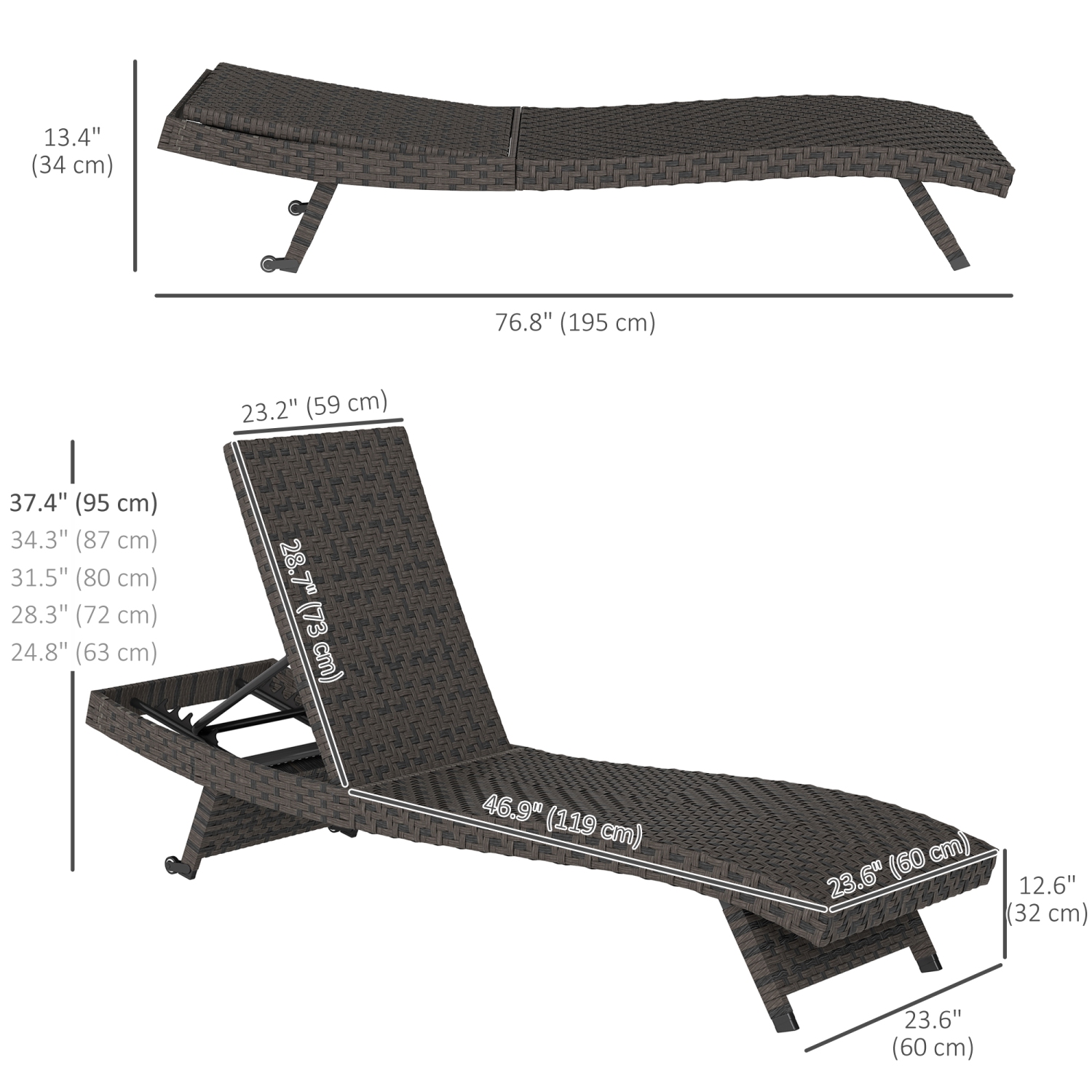 Outsunny PE Rattan Patio Lounger, Foldable Outdoor Lounge Chair with 5-Level Adjustable Backrest, Two Wheels, and Quick-Drying Foam, for Sun Room,